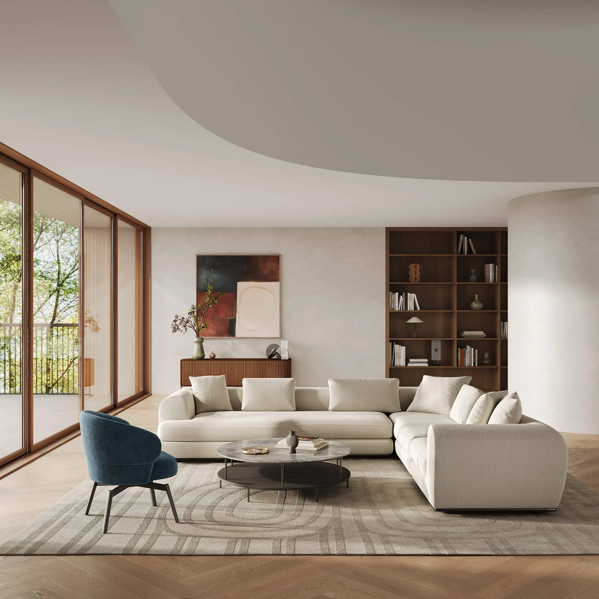 3D visualization of upholstered furniture: large modular corner sofa with round coffee table and blue armchair in a modern living room.
