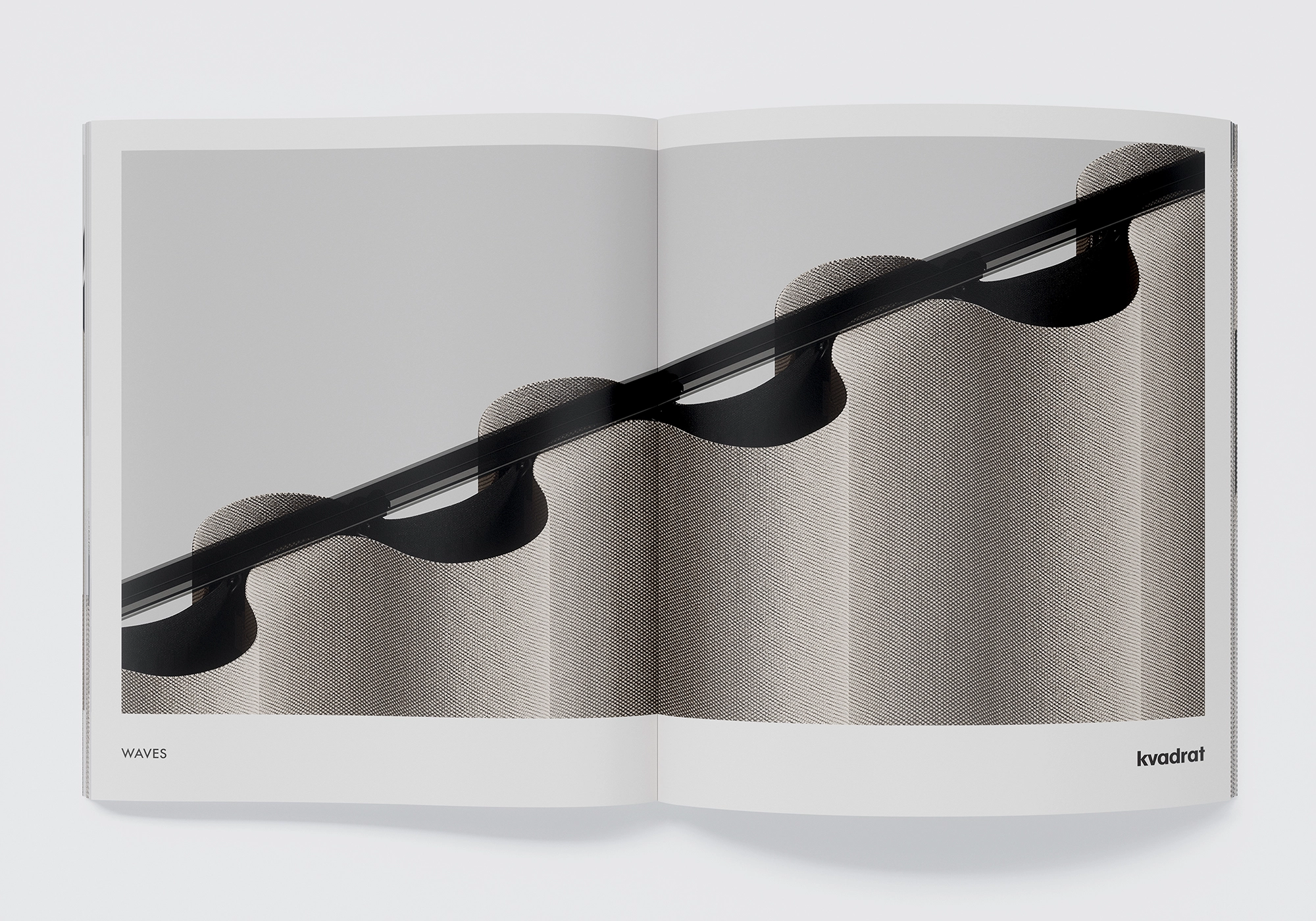 Close-up of the Kvadrat Waves acoustic curtain: precise waves on a black track - photorealistic 3D visualization.