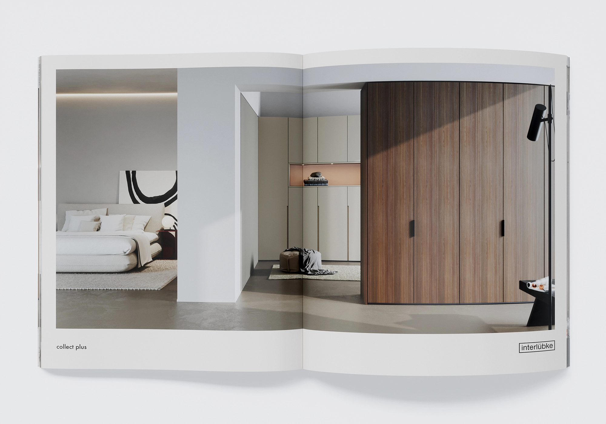 Wohnszene mit interlübke collect plus Einbauschrank: Holzfront, Nische und Blick zum Schlafzimmer – hochwertige 3D Visualisierung.