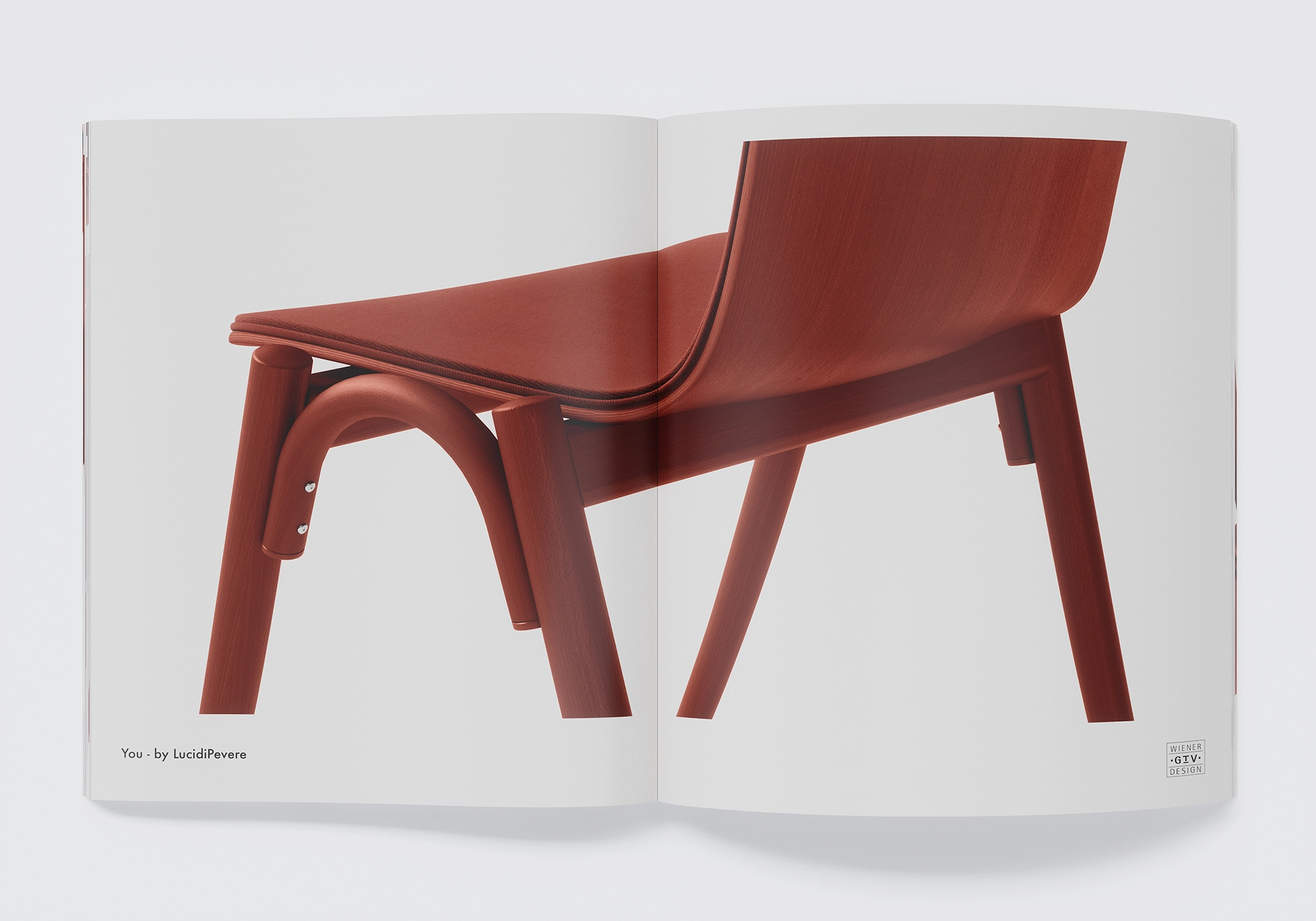 Campagne de marque CGI : Close-up de la chaise en bois YOU de Gebrüder Thonet Vienna en rouge - bois courbé, détails précis, look de studio dégagé.