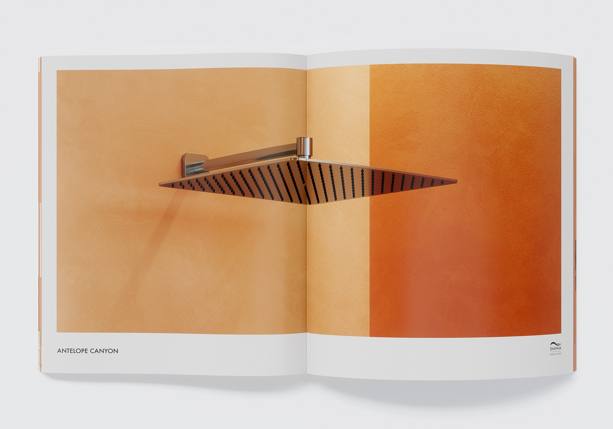 3D Render Studio: square rain shower on the wall arm in front of warm terracotta surfaces - precise bathroom detail, photorealistic CGI.