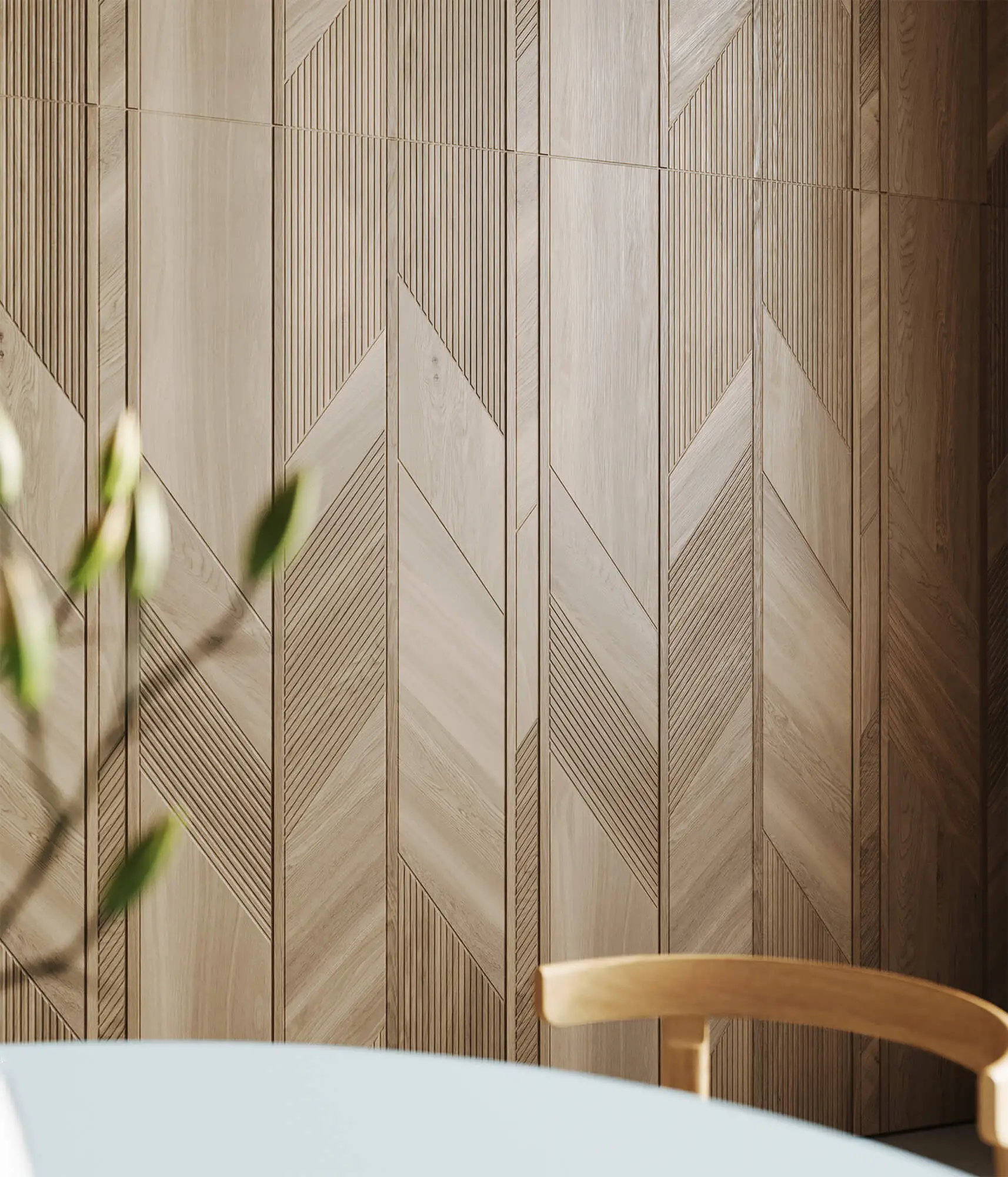 Rendu photoréaliste d'un revêtement mural géométrique en bois avec un grain fin et une structure en relief 3D.