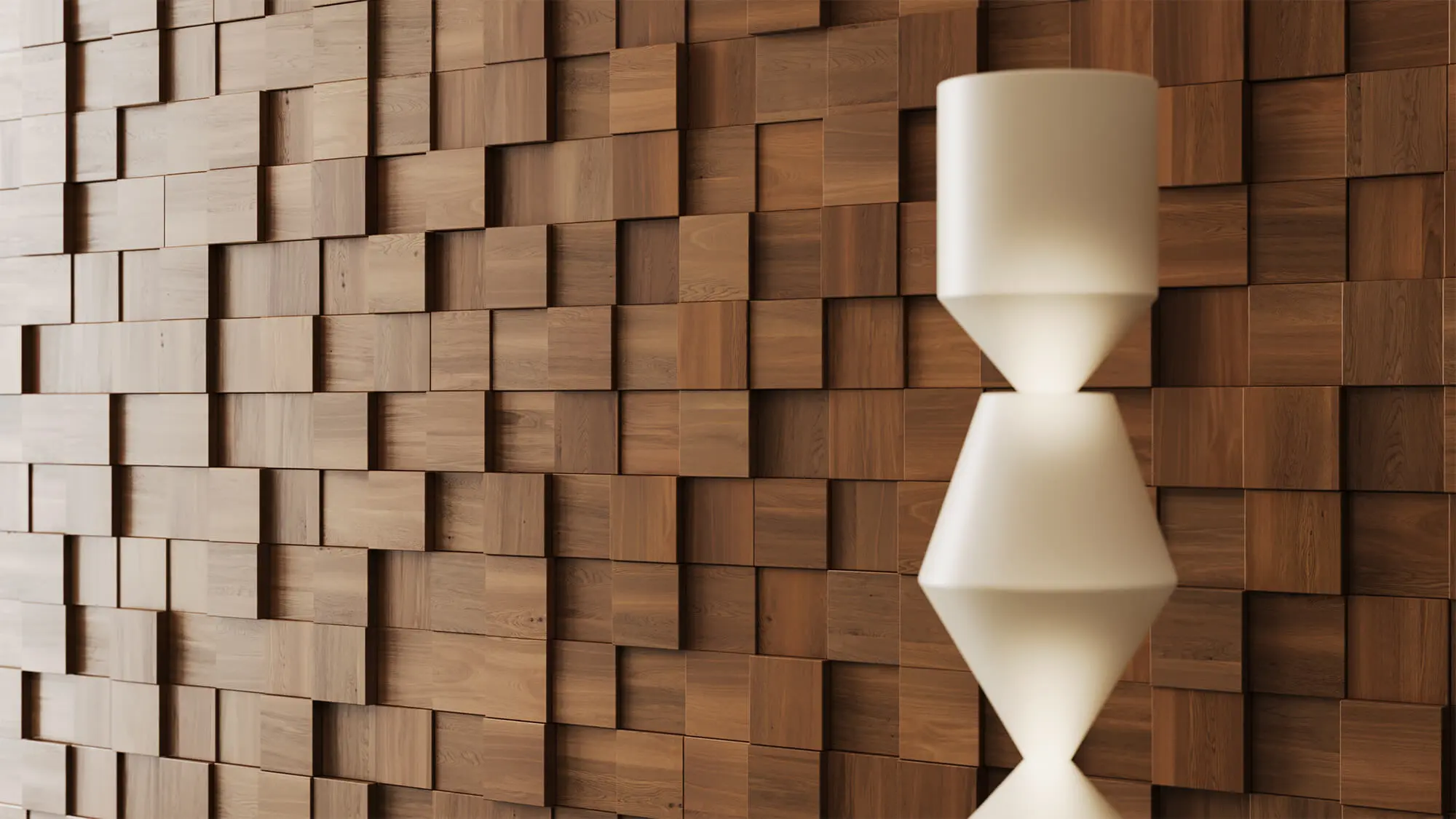 Rendu atmosphérique d'une pièce à vivre avec un mur en bois en relief et des meubles design pour la commercialisation de revêtements muraux.