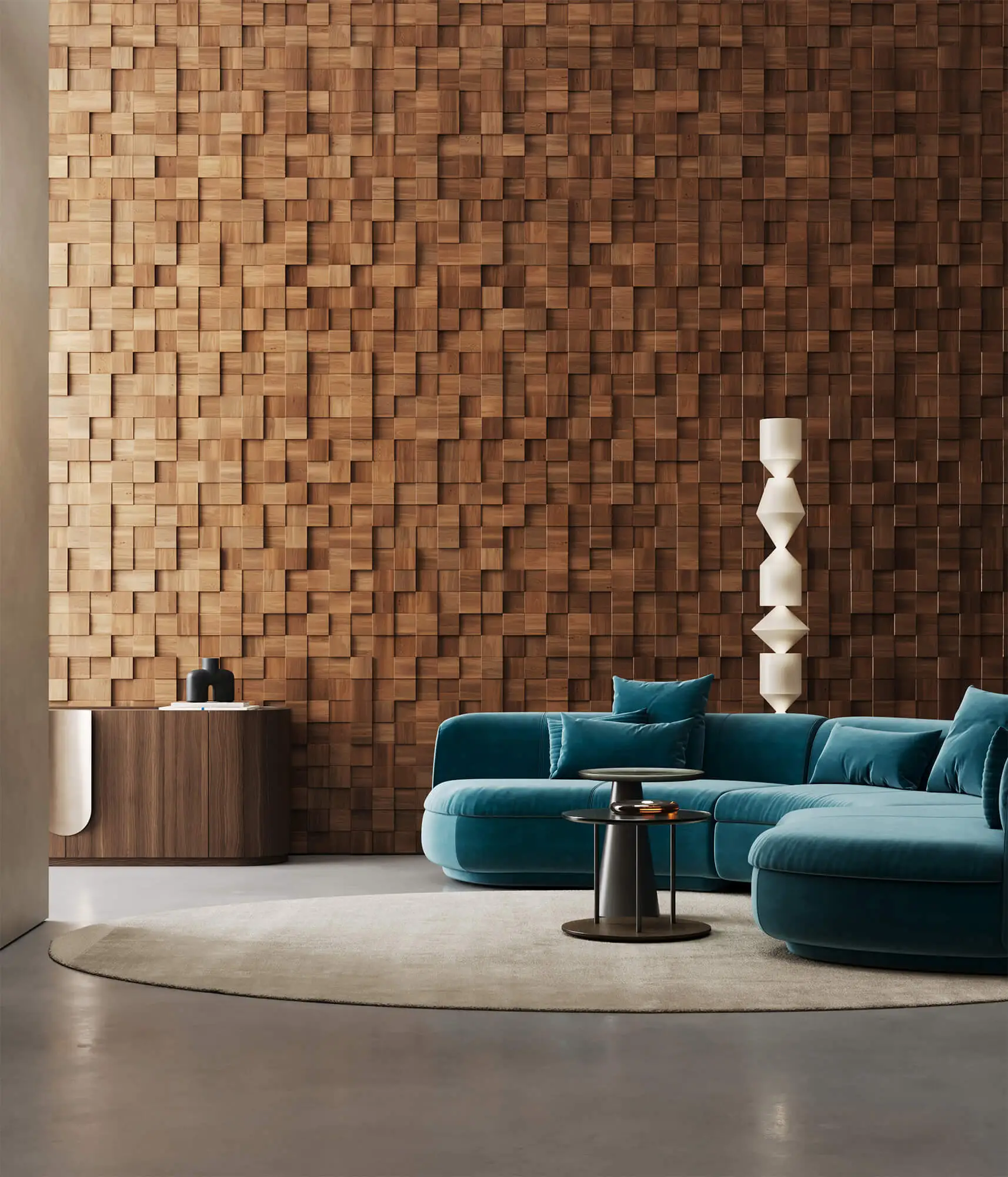 Gros plan d'un revêtement mural 3D composé de cubes en bois avec grain apparent et effet de profondeur, visualisé sous forme de jumeau numérique.