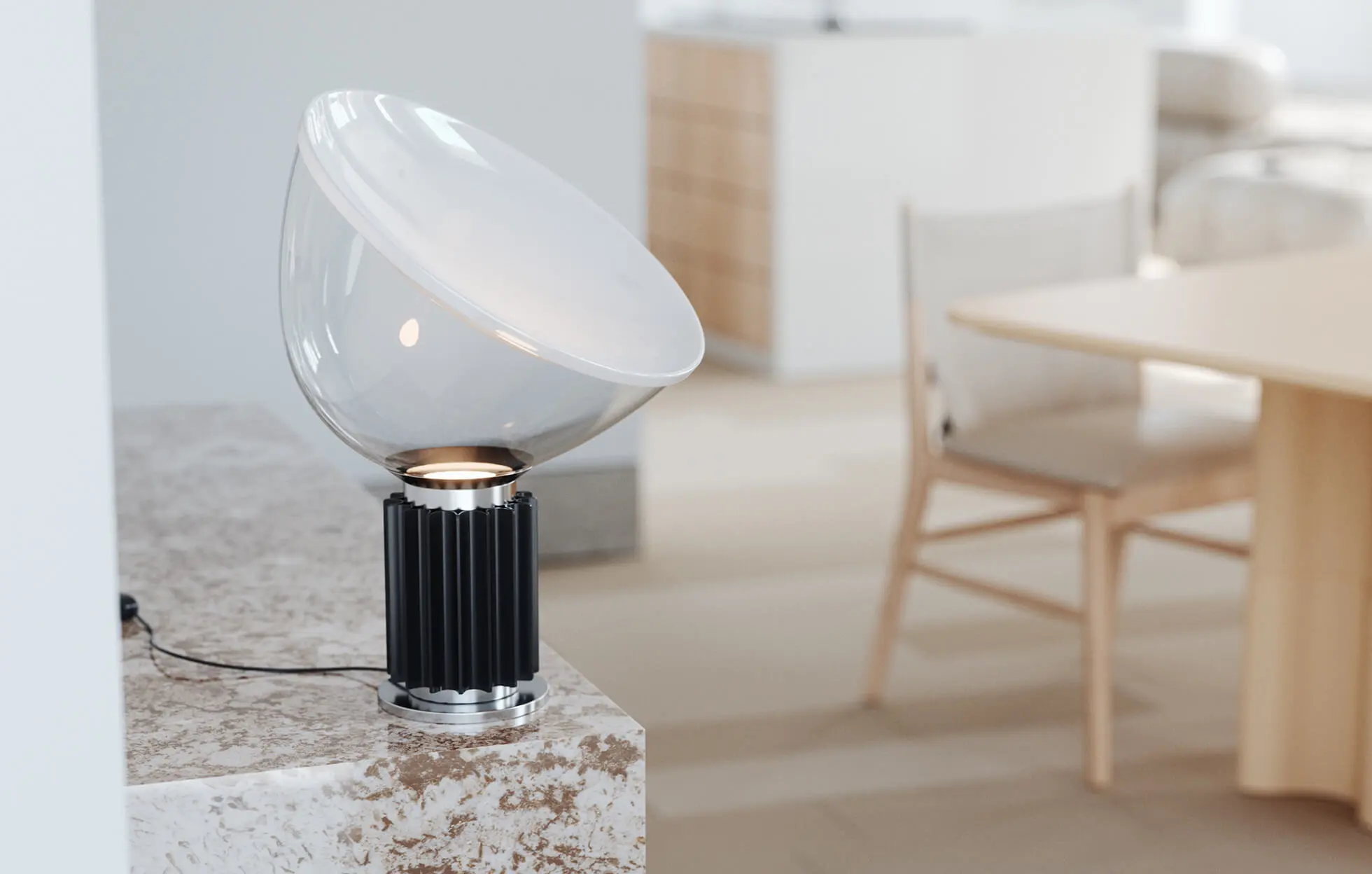 High-end 3D product visualization of a designer table lamp: Detailed representation of glass, metal, and light reflections on natural stone.