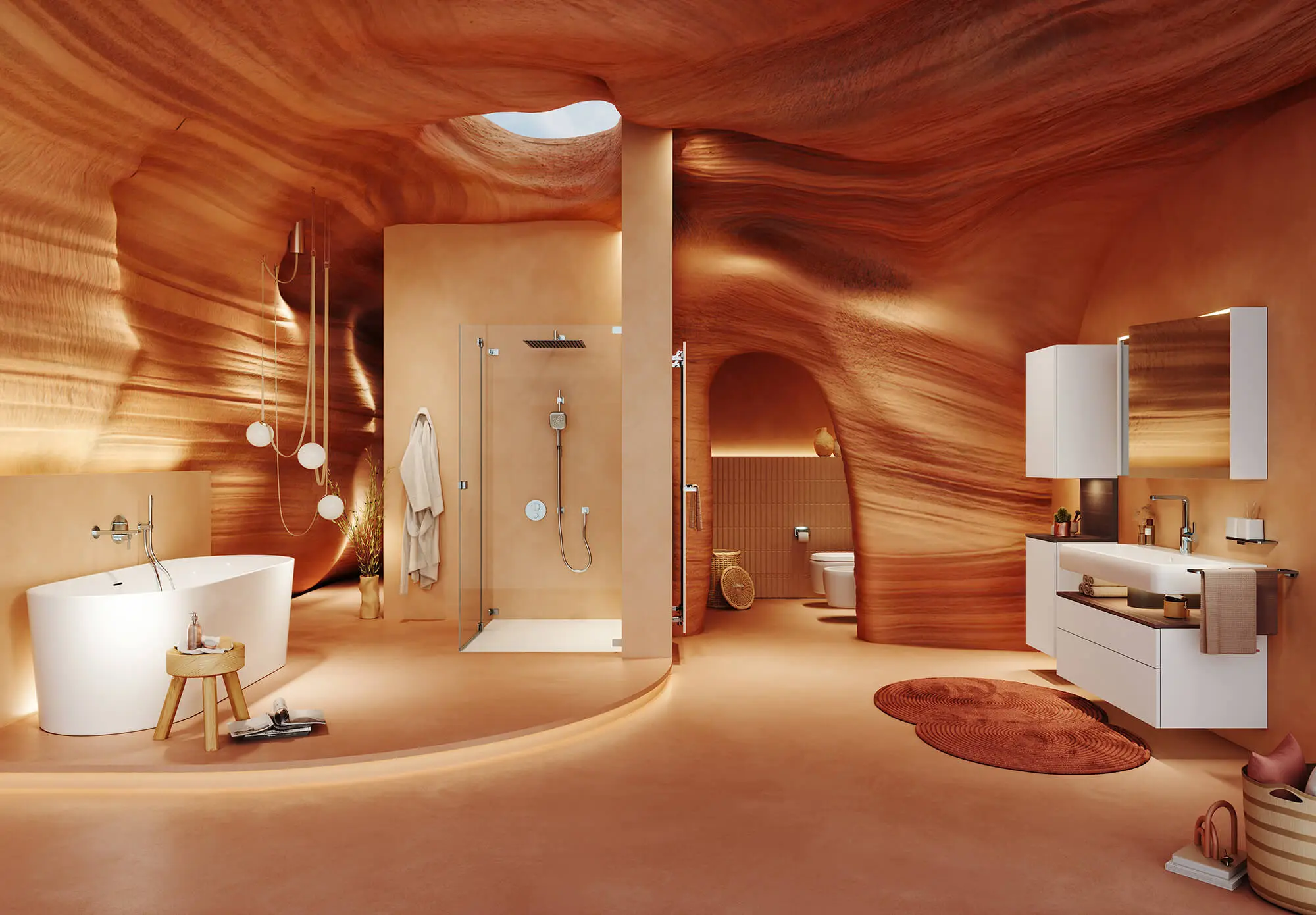 Visionary creative concept: photorealistic 3D staging of a luxury bathroom in a surreal, organic canyon architecture.
