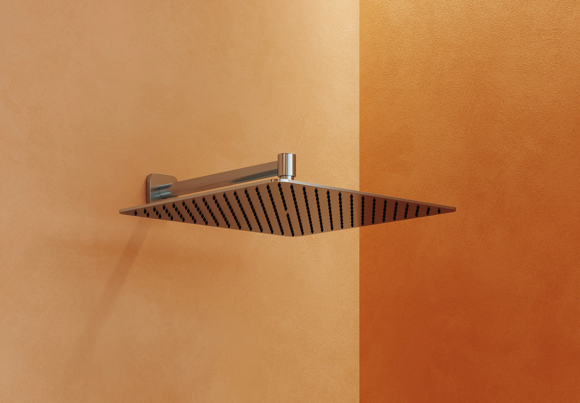 Technically precise 3D product visualization of a rain shower with a focus on materiality and realistic wall texture.