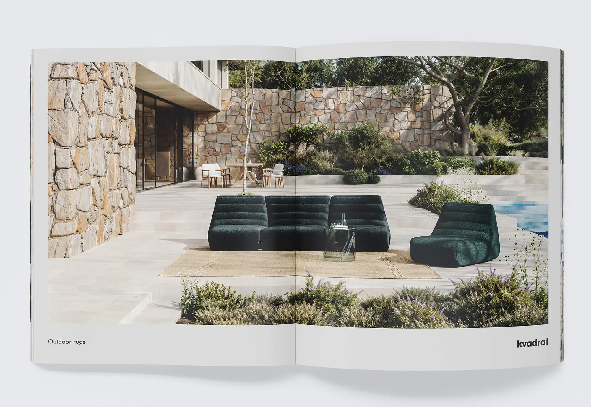 Photorealistic outdoor visualization in catalog layout: staging of outdoor rugs and sofas for Kvadrat in a Mediterranean setting.
