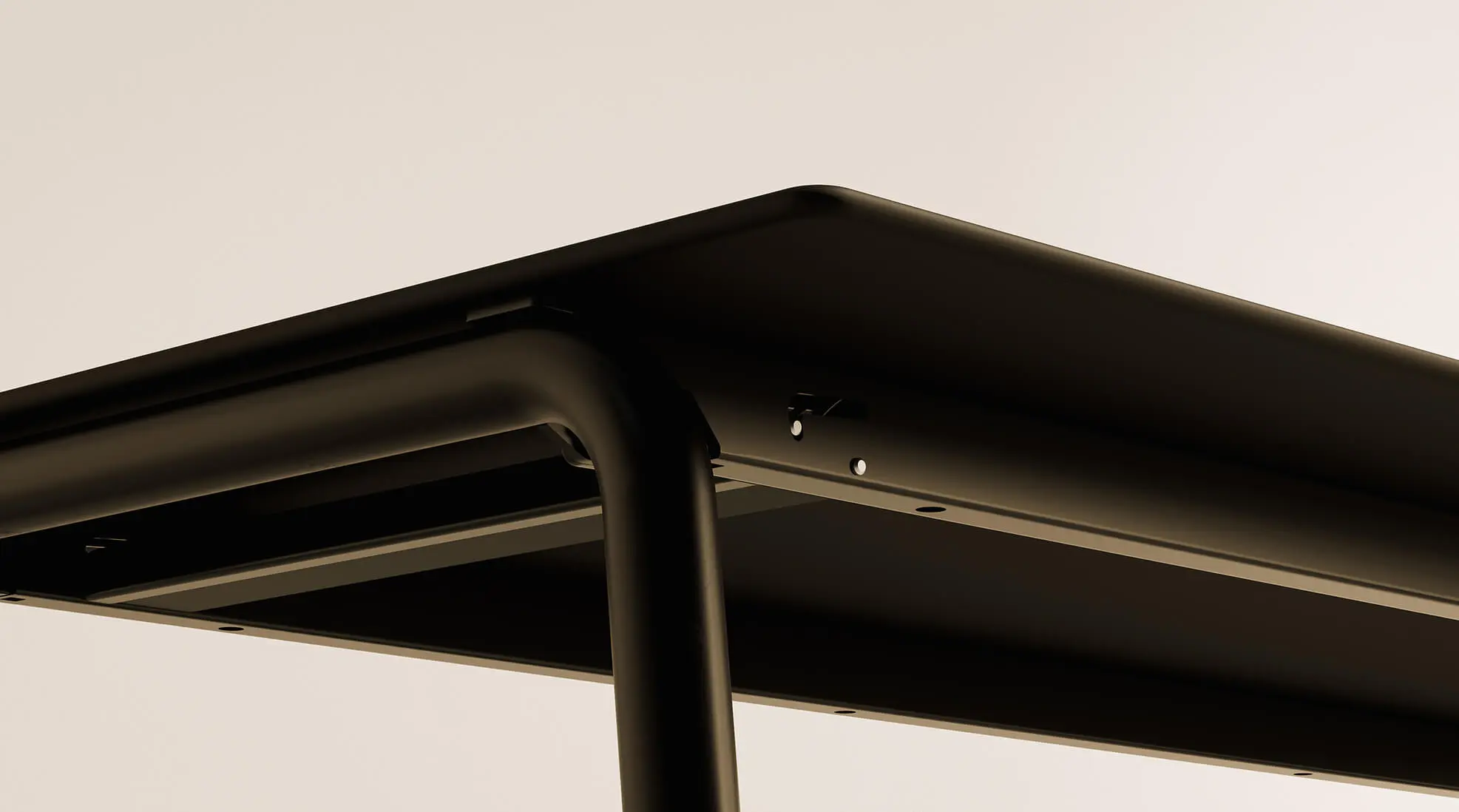 Technical 3D rendering of a table detail: Precise visualization of design features, gap dimensions, and mechanics for the digital twin.