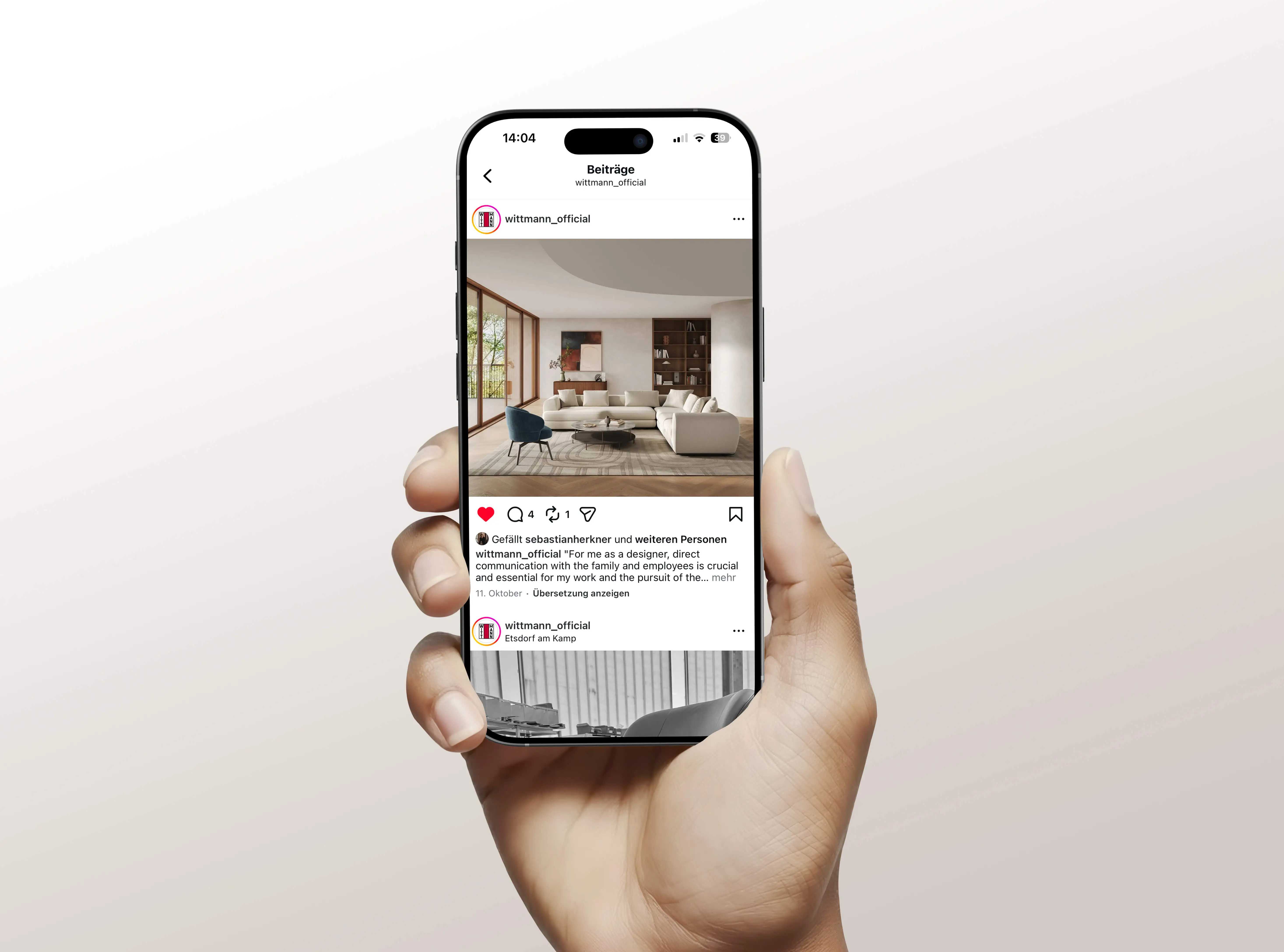 Scalable social media content: High-end 3D visualization of a living space, presented as an Instagram post on a smartphone for the Wittmann brand.