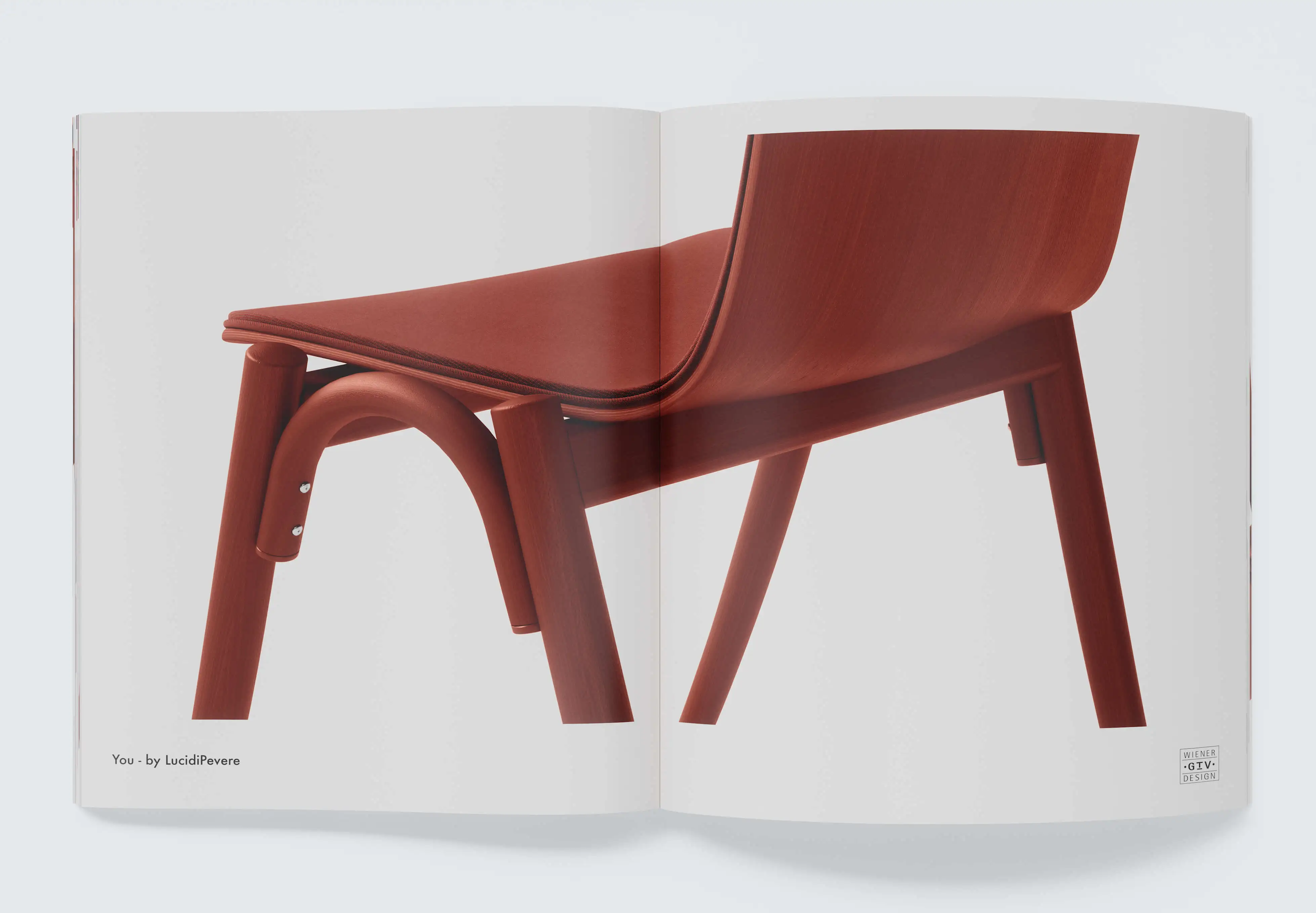 High-end print rendering for furniture catalogs: Detailed 3D visualization of the "You" chair by Wiener GTV Design with a focus on wood texture and joints.