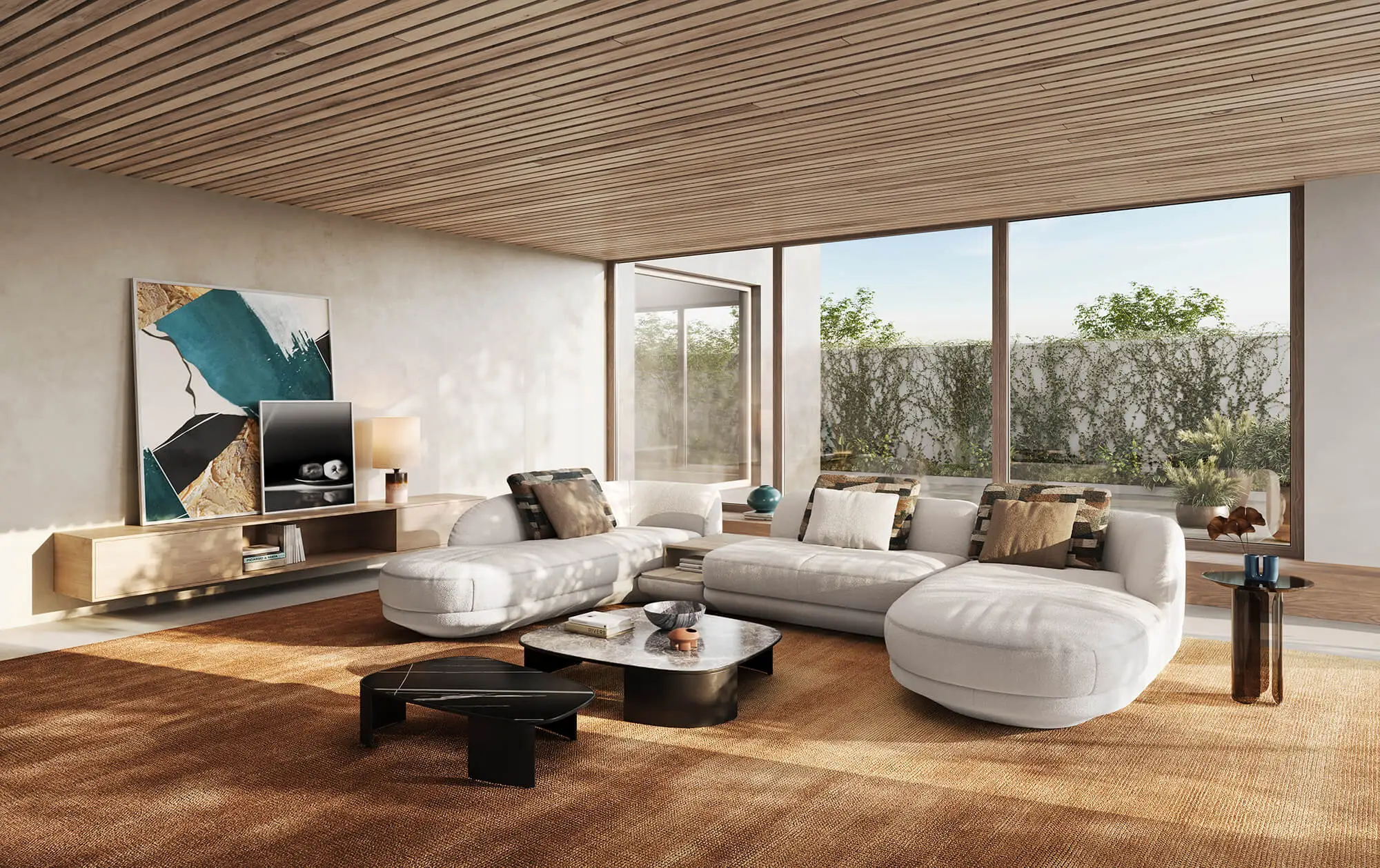 Holistic interior design concept: Atmospheric 3D rendering of a luxury living room with wooden ceiling, large sofa, and curated art.