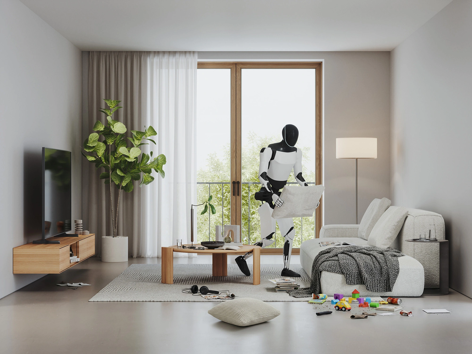 3D lifestyle visualization of consumer electronics: A humanoid robot tidies up a modern living room.