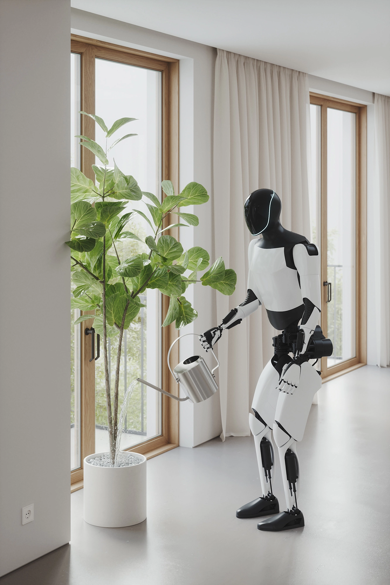 Photorealistic 3D visualization of a smart home robot watering a plant in a lifestyle setting.