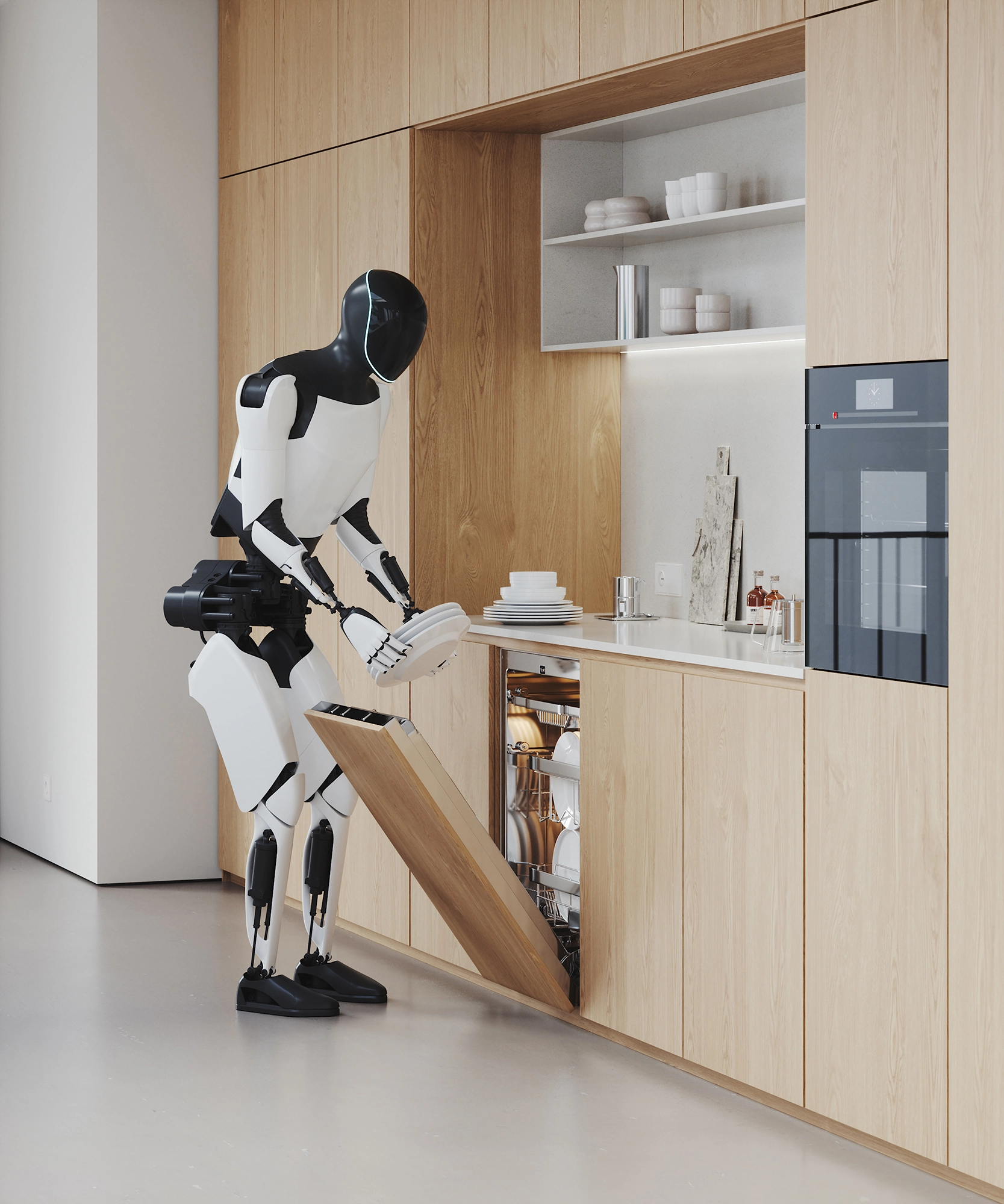 High-end CGI rendering of a household robot loading a dishwasher in a modern wood-paneled kitchen.
