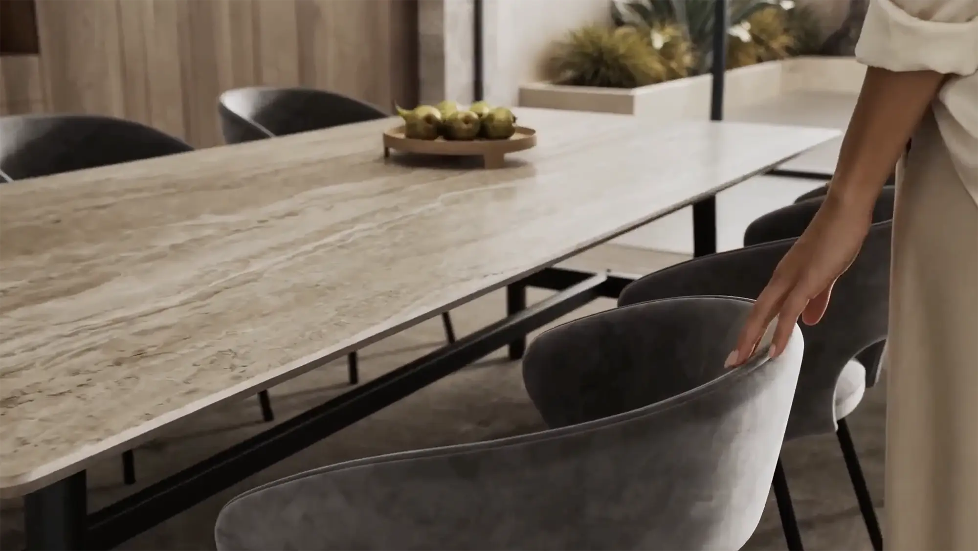 Visuelle Darstellung der Hybrid AI Content Creation von Danthree Studio: Ein nahtloser Übergang von einem technischen 3D-Wireframe-Tisch zu einem fotorealistischen CGI-Rendering mit einem Marmortisch und Samtstühlen.