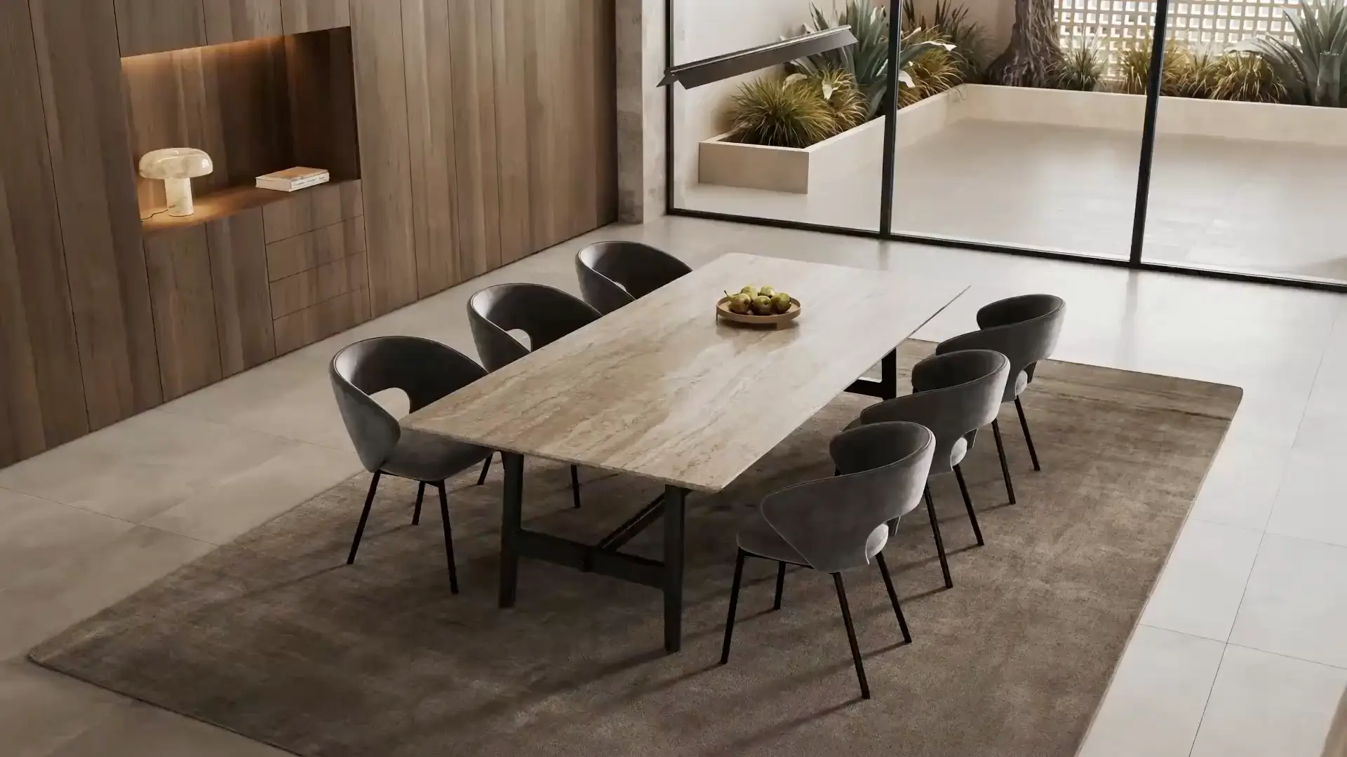 Visualizzazione 3D fotorealistica e animazione CGI di una sala da pranzo moderna con tavolo in marmo, a cura di Danthree Studio