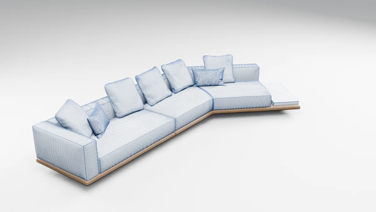 Sofa as a cut-out 3D model with visible geometry