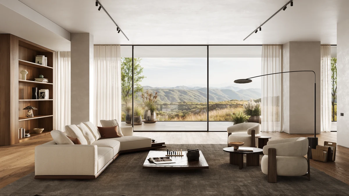 Overview of the curated CGI brand space featuring a sofa and large windows