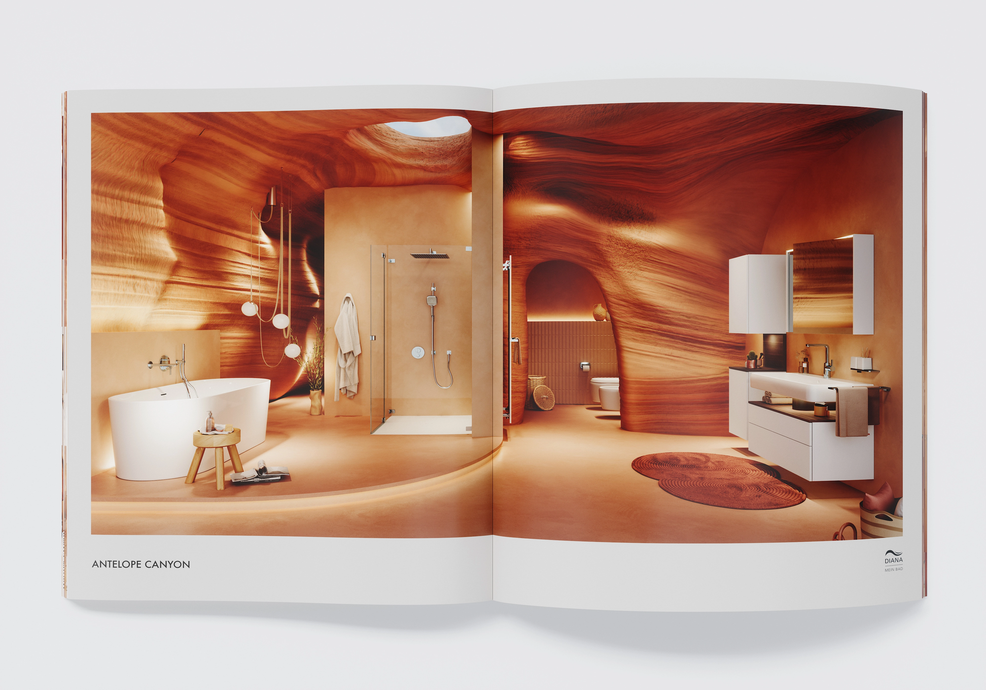 Visualisation 3D d'une salle de bains : pièce aux lignes organiques en terre cuite, avec baignoire îlot, douche à l'italienne et lavabo.