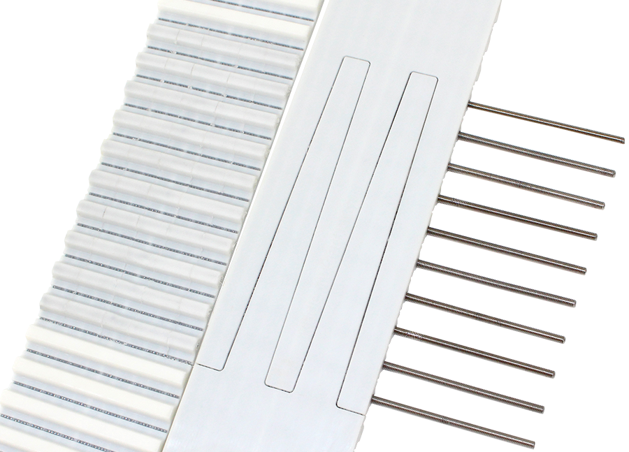 Picture of Pinlock Timing Belt with visible finger splices, showing the stainless steel threaded pins and a view of the tooth-side of the belt once connected.