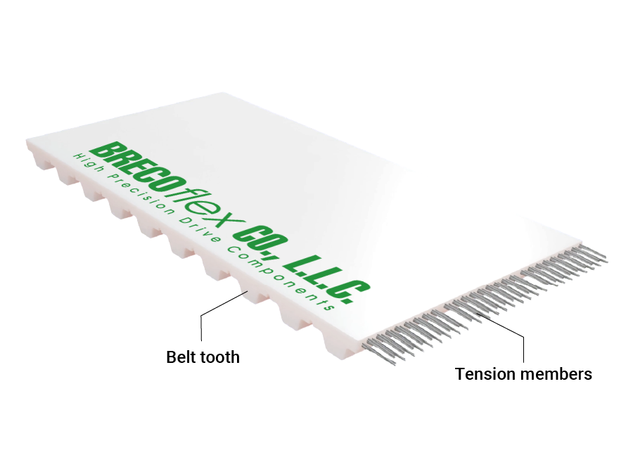 Cross section of a BRECOflex timing belt illustrating timing belt tension members and belt teeth.