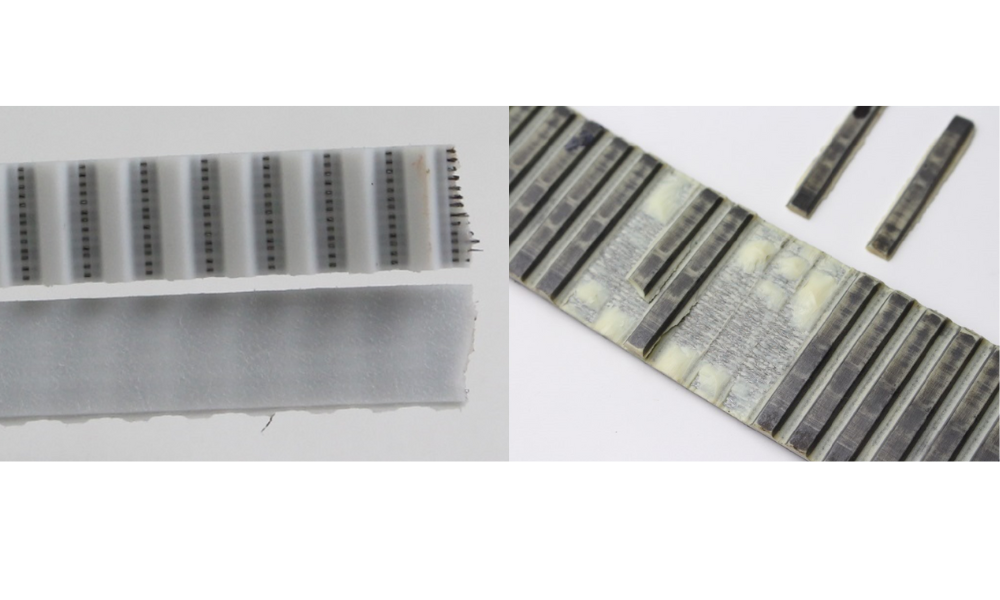 Side by side image of a snapped timing belt and a timing belt with it's teeth broken off. 