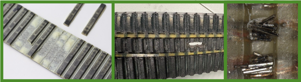 three images of timing belts side by side, one with missing teeth, one with uneven tooth wear, and one with visible tension members sticking out