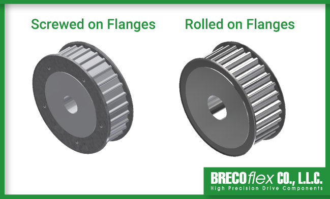 A side by side image of pulleys with screwed on flanges and rolled on flanges.
