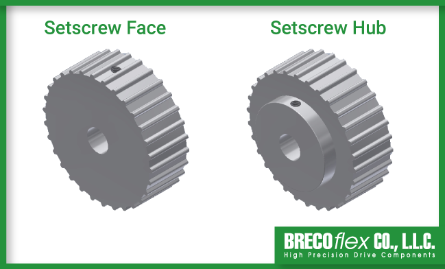 Two timing pulleys side by side, one with a set screw in the pulley face, and one with the set screw on the hub