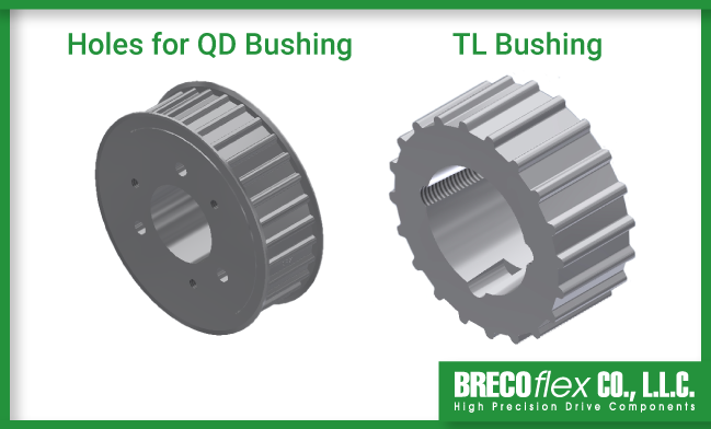 Side by side image of two pulleys, one with holes for QD bushings, one machined for TL bushings.