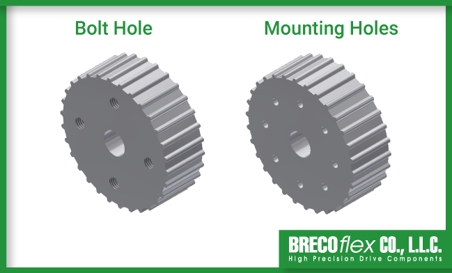 A side by side image of timing pulleys with bolt holes and mounting holes.