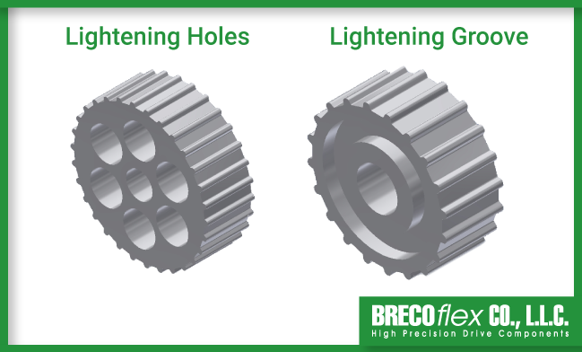 Image with side by side timing pulleys, one with lightening holes and one with lightening grooves