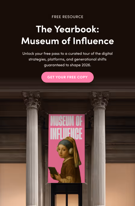 Advertisement for The Yearbook: Museum of Influence with a digital version of Girl with a Pearl Earring wearing headphones, displayed between classical columns.