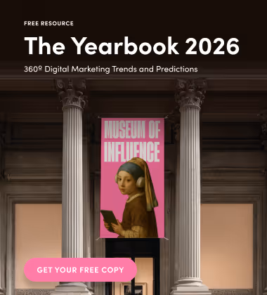 Advertisement for The Yearbook 2026 on digital marketing trends showing a classical building interior with a banner of the Girl with a Pearl Earring and a pink button to get a free copy.
