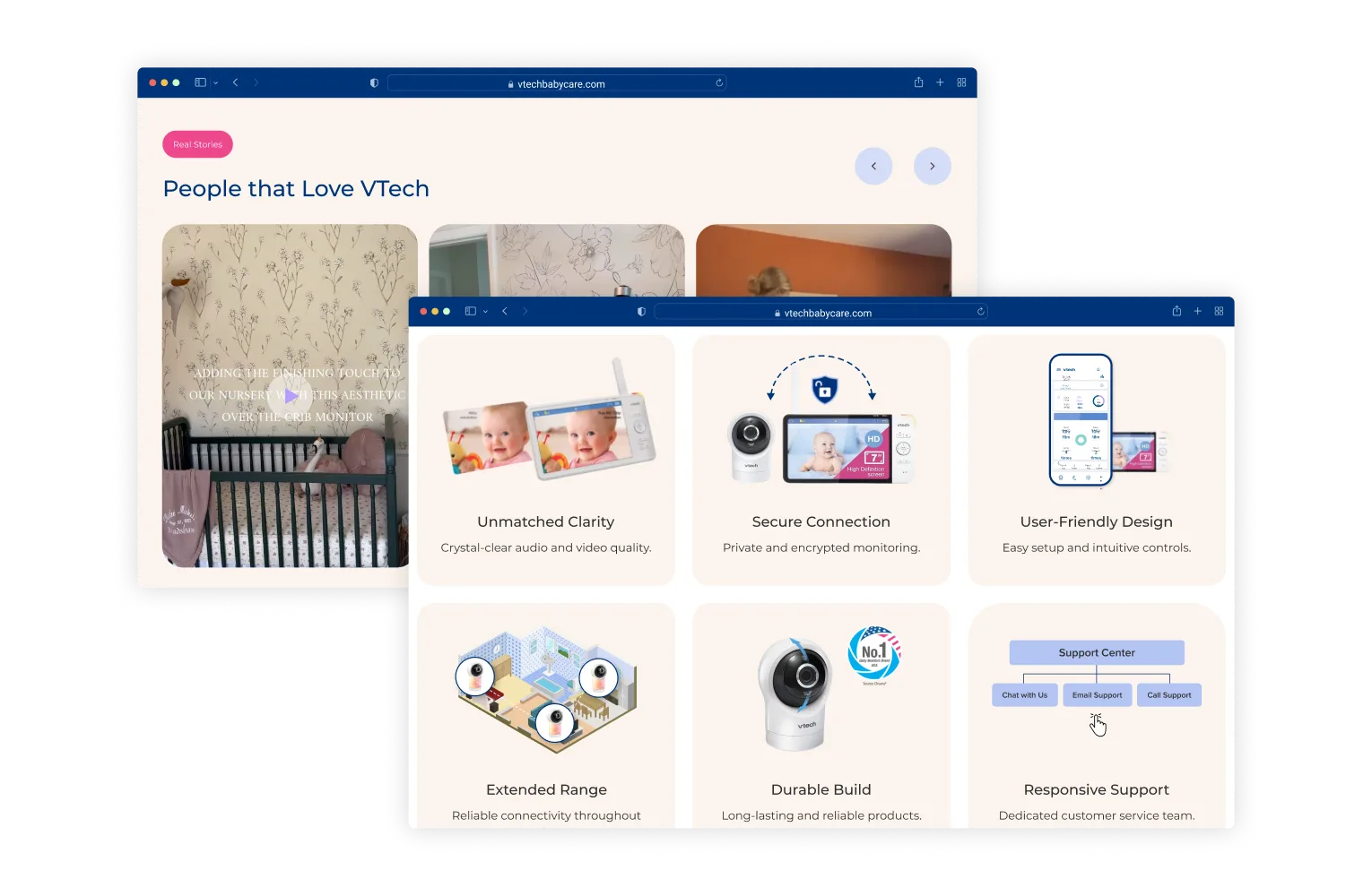 Website showing VTech baby monitor features including unmatched clarity, secure connection, user-friendly design, extended range, durable build, and responsive support.