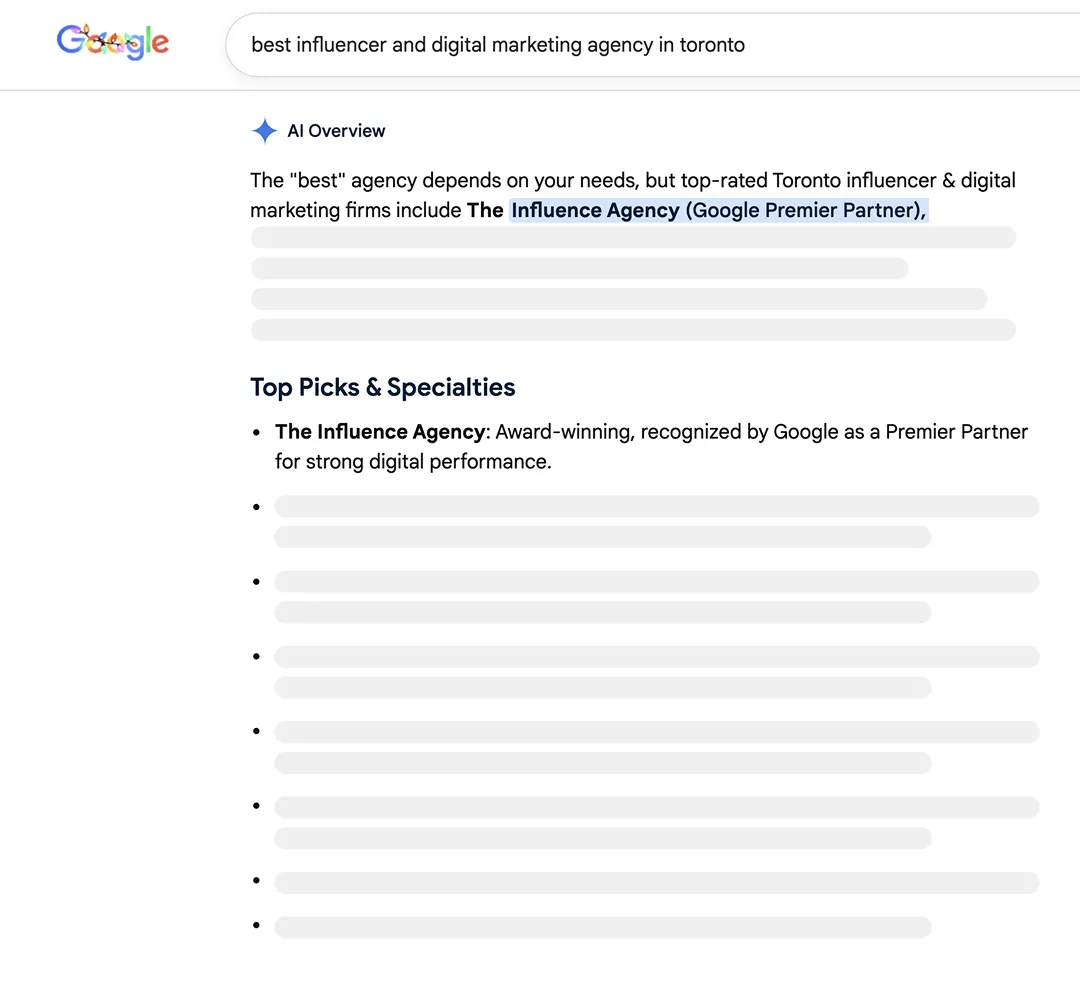 Google search results highlighting The Influence Agency as a top-rated Toronto influencer and digital marketing firm, recognized as a Google Premier Partner with award-winning digital performance.