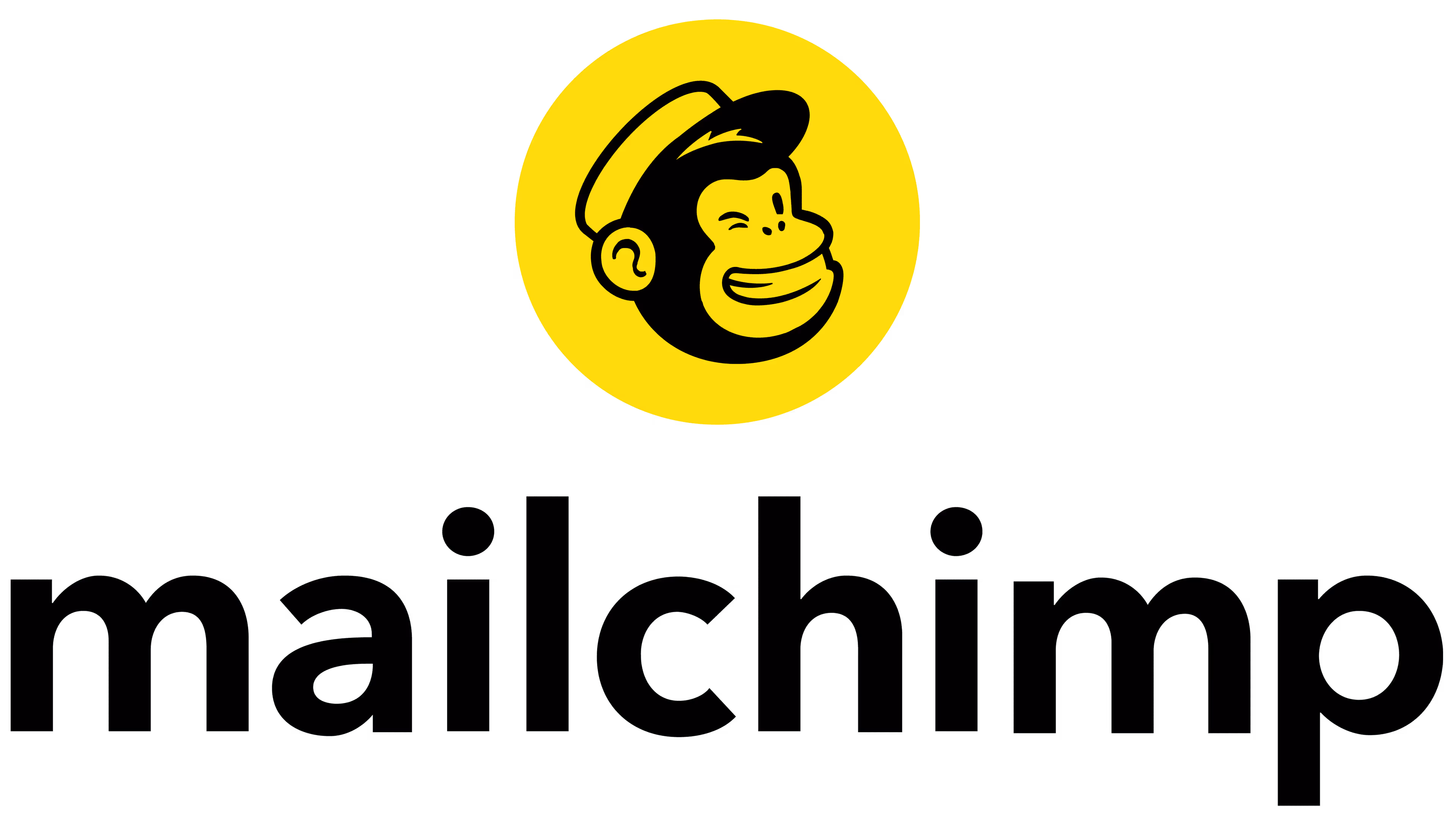 Mailchimp logo featuring a winking chimpanzee wearing a mail carrier hat in a yellow circle above the brand name in black text.