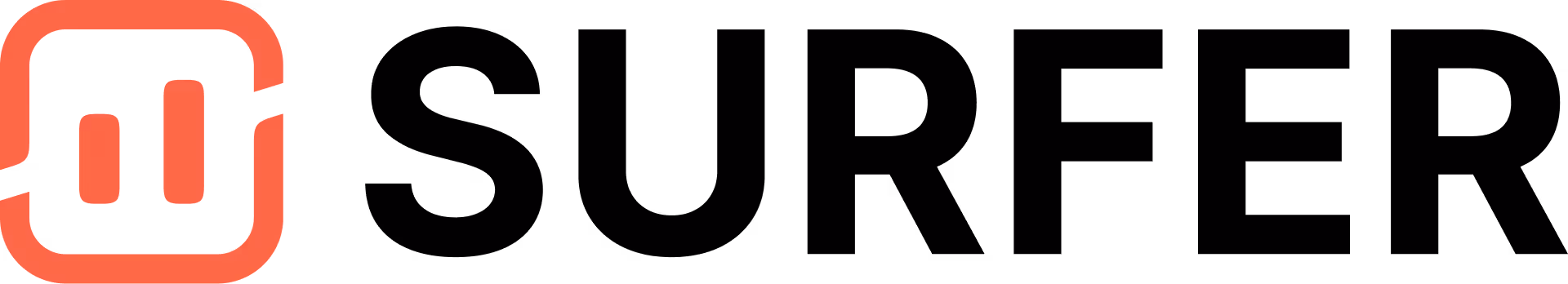 Surfer SEO logo featuring a red stylized square enclosing two vertical bars resembling a bar chart.