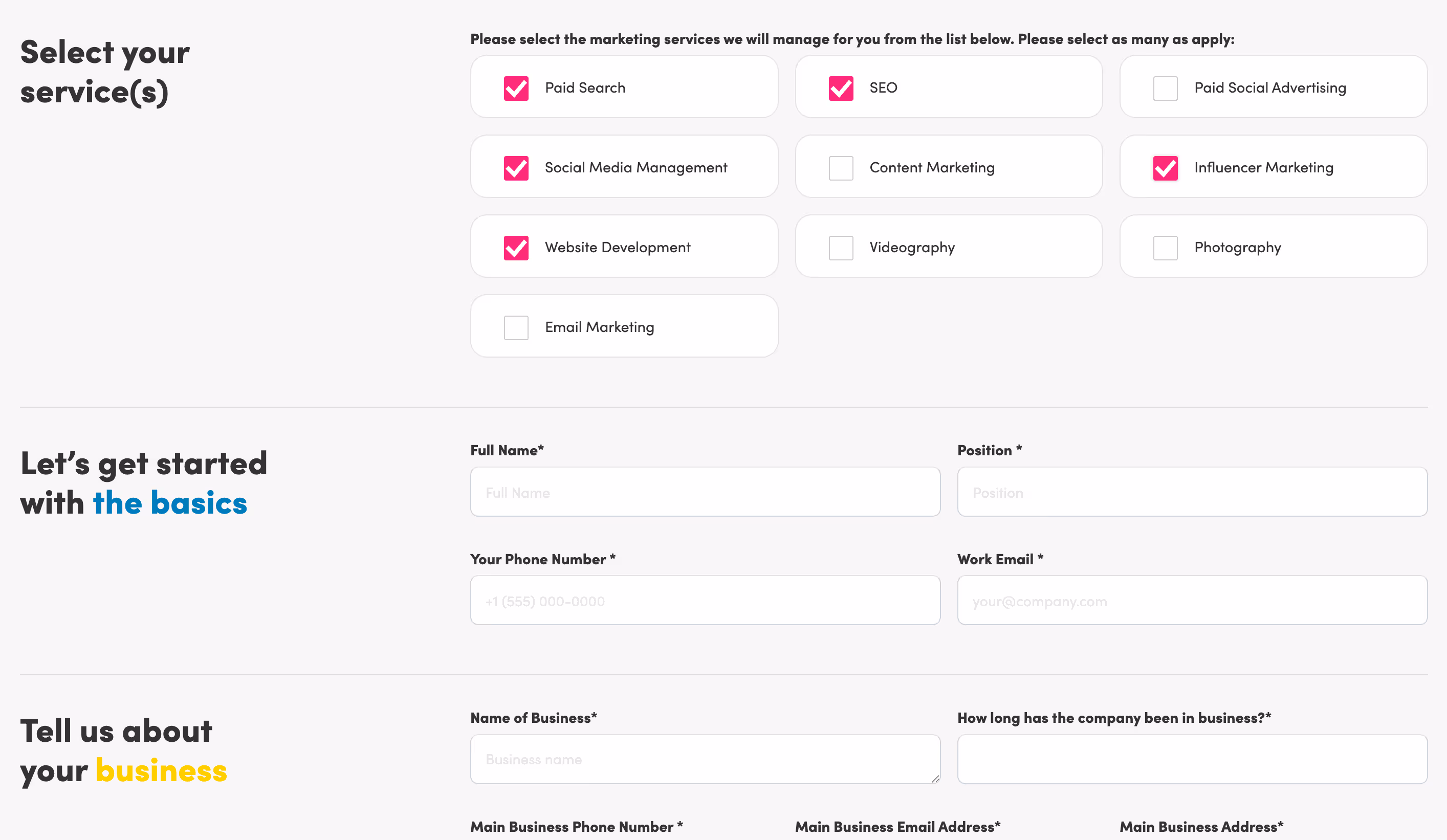 Online form with sections to select marketing services including Paid Search, SEO, Social Media Management, Influencer Marketing, and Website Development; fields for full name, position, phone number, work email, business name, business duration, and contact details.