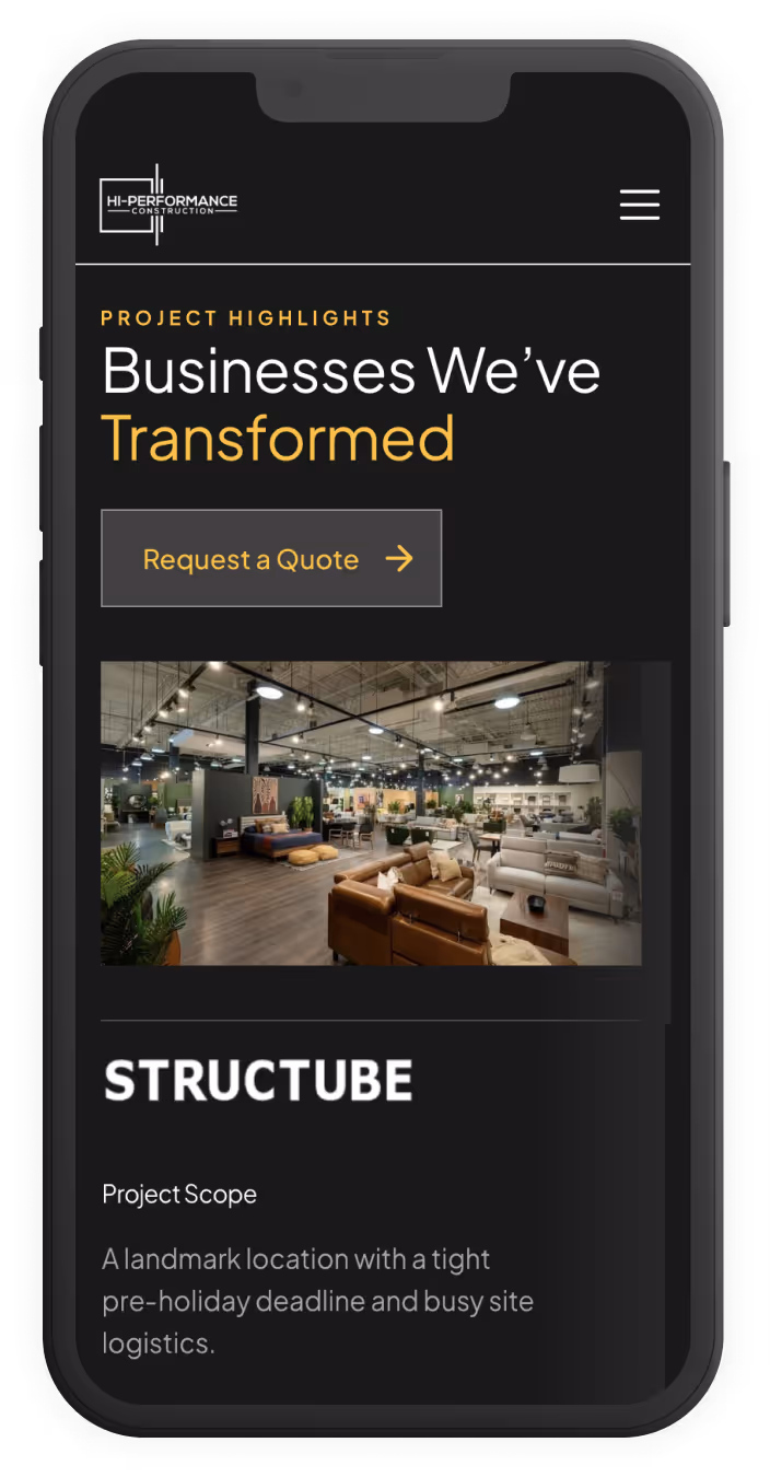 Mobile screen showing Hi-Performance Construction project highlights with interior image of a modern furniture showroom and text about Structube project scope.