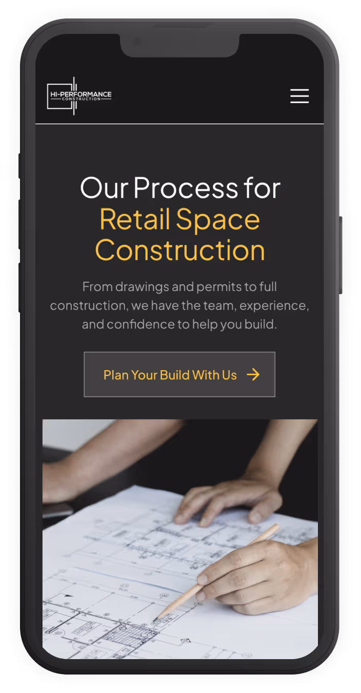 Mobile screen showing HI-PERFORMANCE Construction website section titled 'Our Process for Retail Space Construction' with a person pointing to architectural blueprints.
