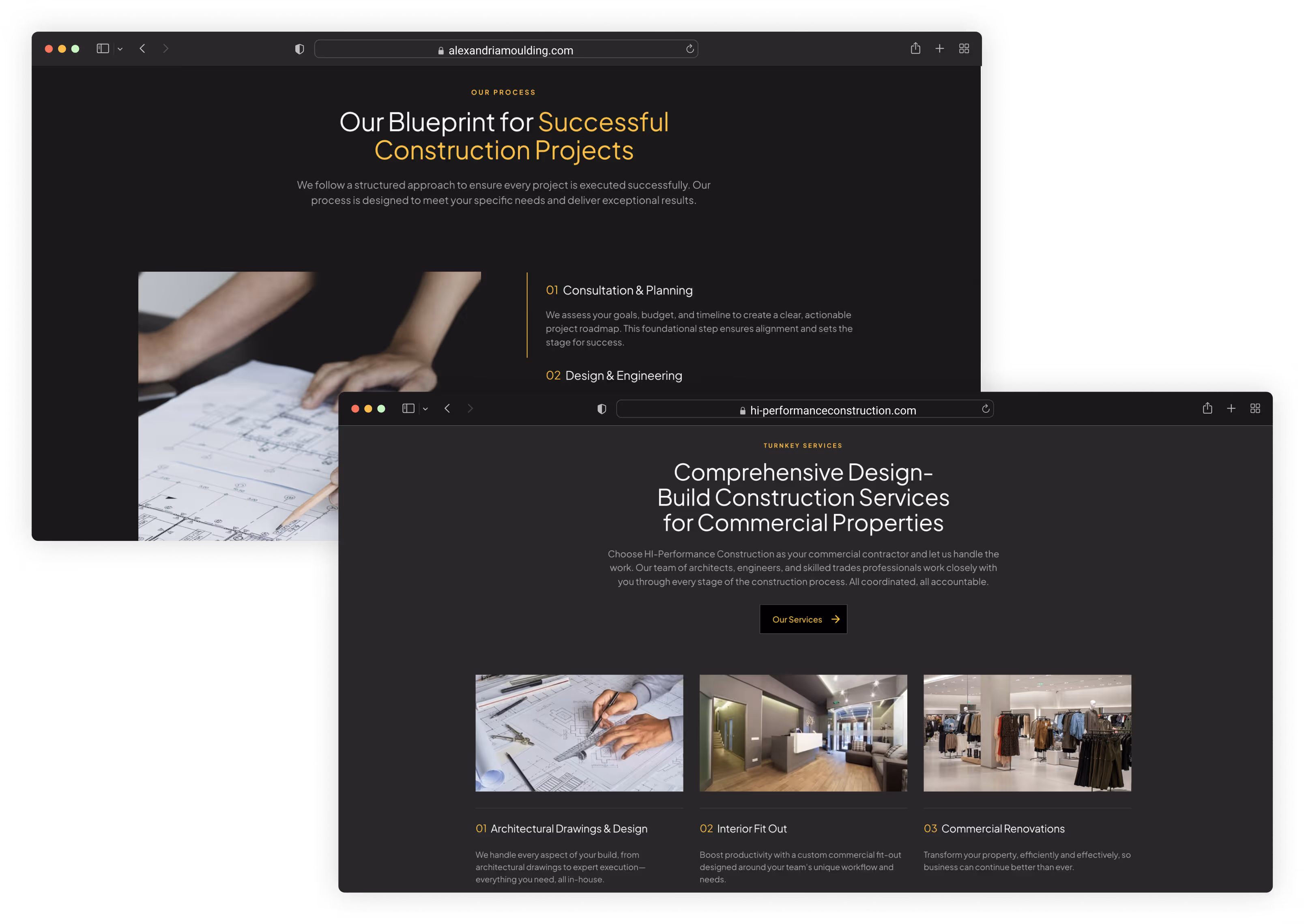 Two browser windows showing construction-related websites: one features a blueprint being reviewed with hand and pencil, the other highlights commercial construction services including architectural drawings, interior fit out, and renovations with images of blueprint, office interior, and retail clothing store.