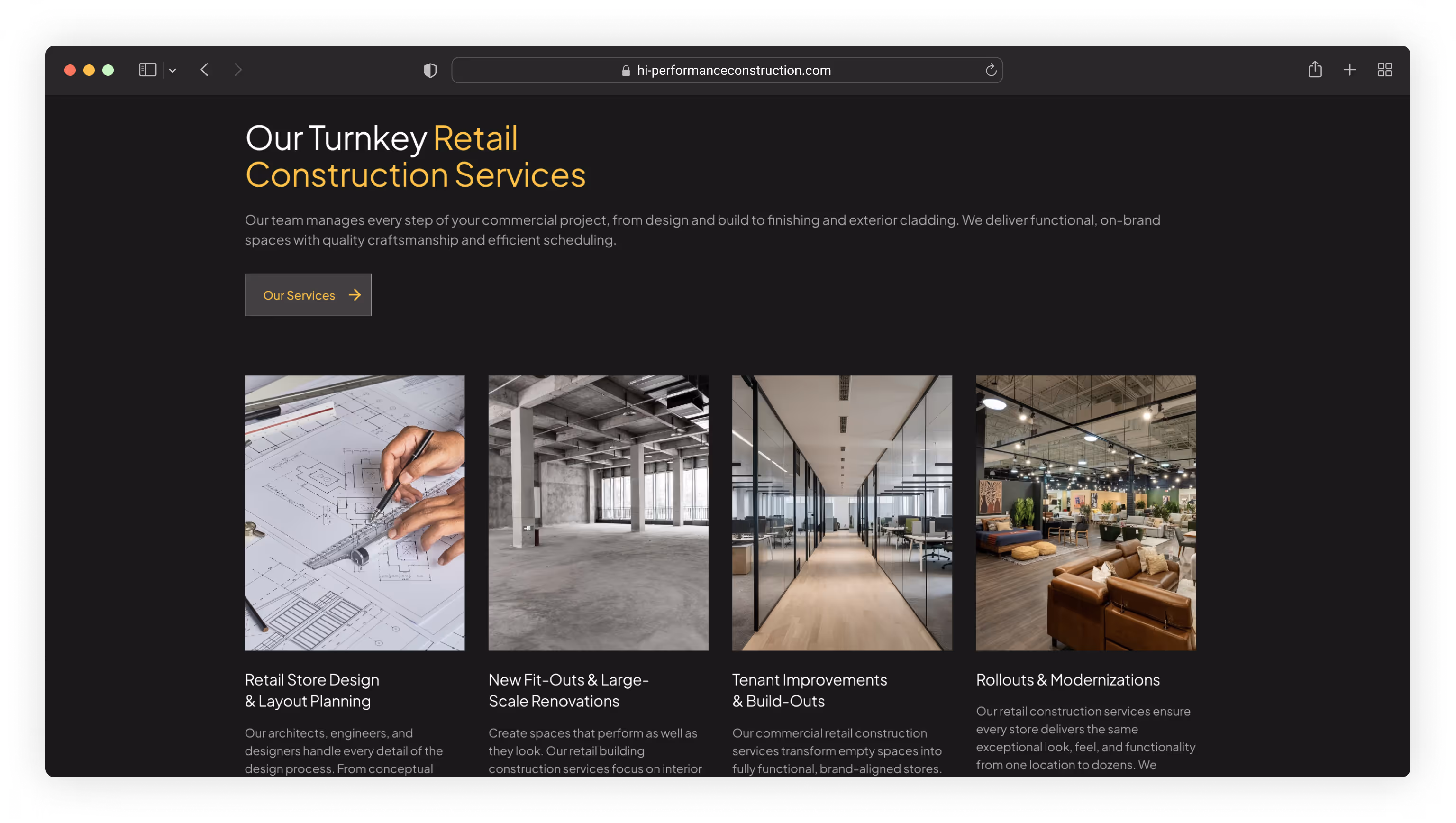 Four images depicting retail construction services: hands working on building blueprints, empty concrete interior, modern office hallway with glass walls, and furnished retail showroom with seating.