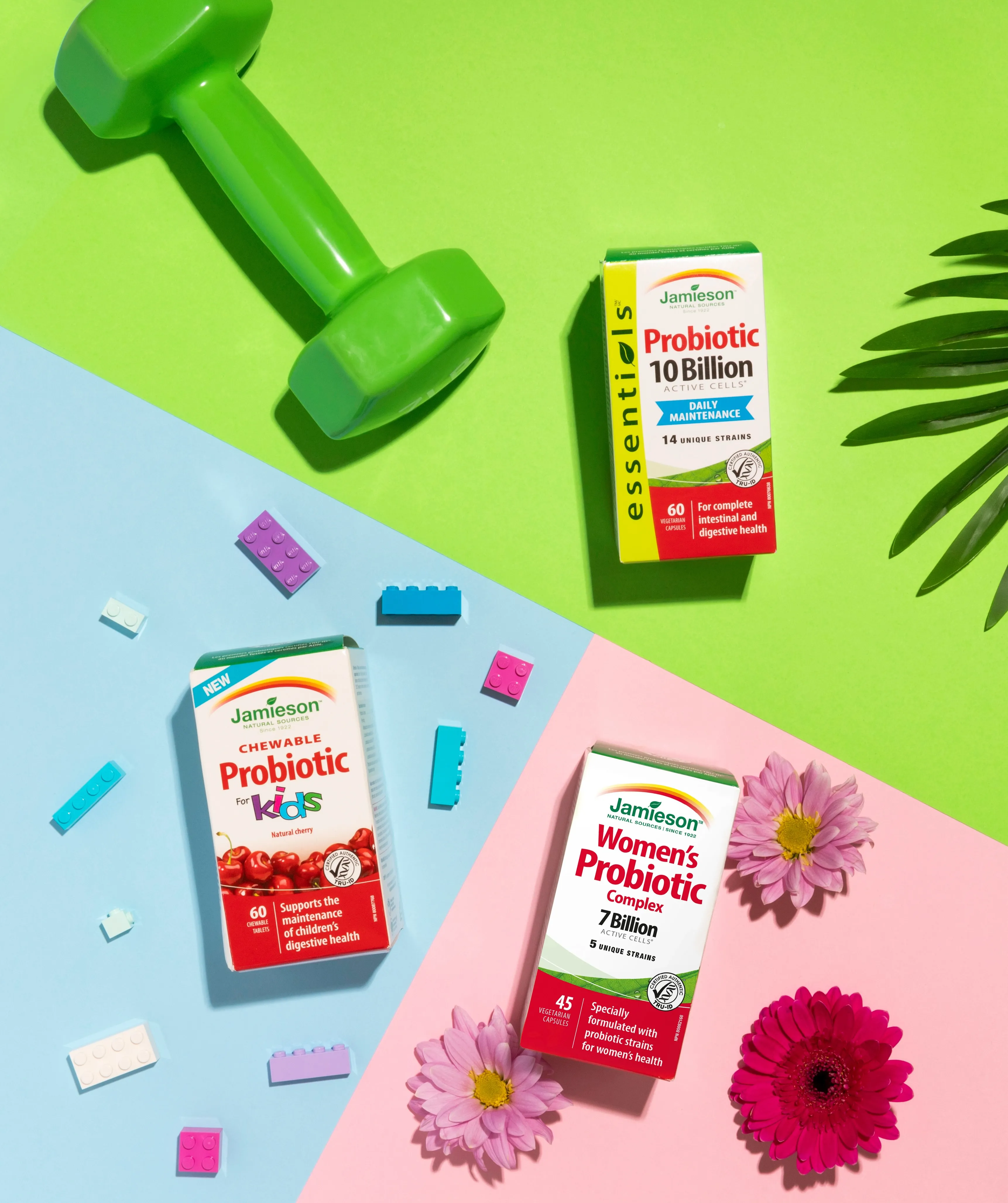 Three Jamieson probiotic supplement boxes for kids, women, and daily maintenance arranged on green, blue, and pink surfaces with a green dumbbell, toy blocks, and pink flowers.