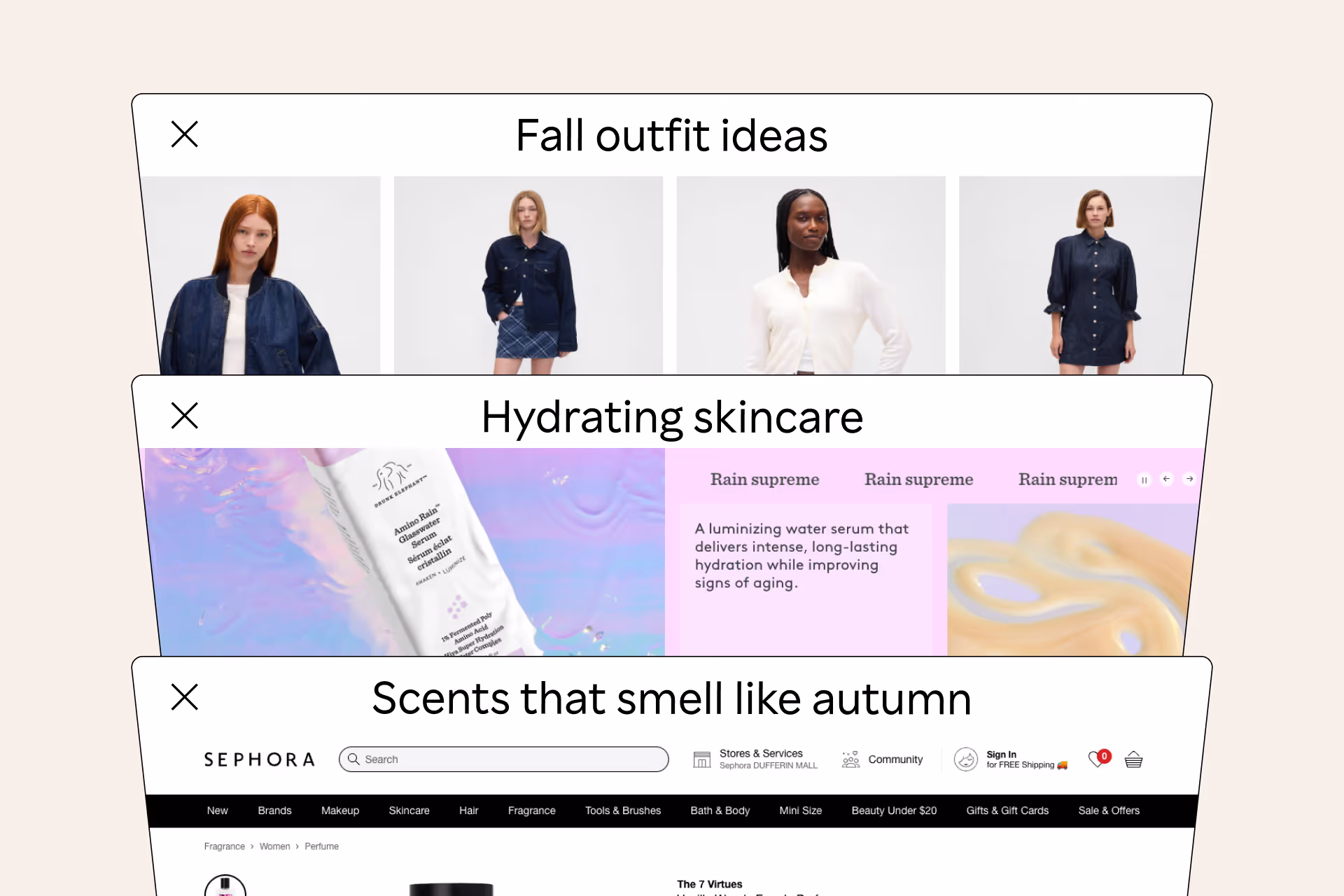 Stacked browser windows showing fall outfit ideas with models, hydrating skincare product description, and Sephora website with autumn scents section.