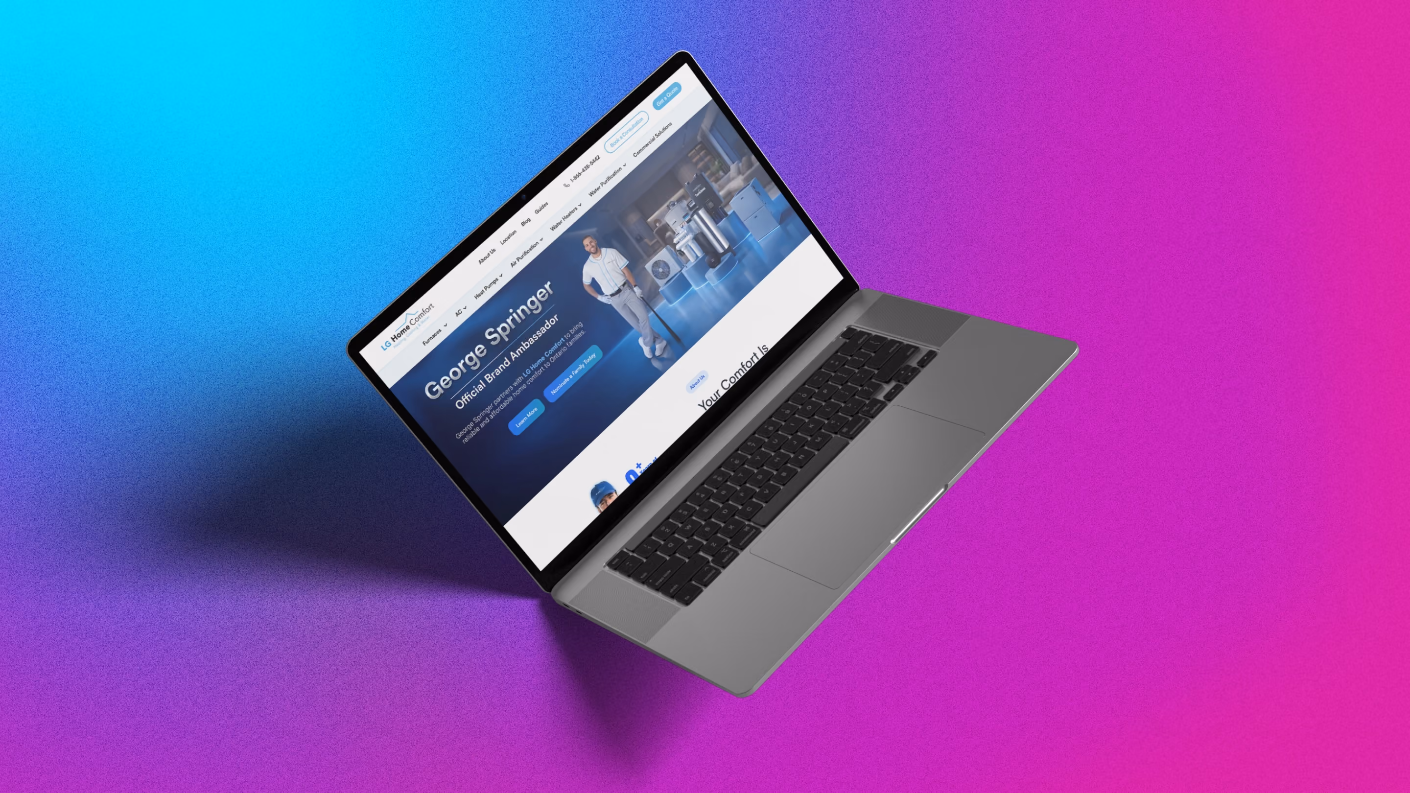 Open laptop showing LG Home Comfort website featuring George Springer as brand ambassador.