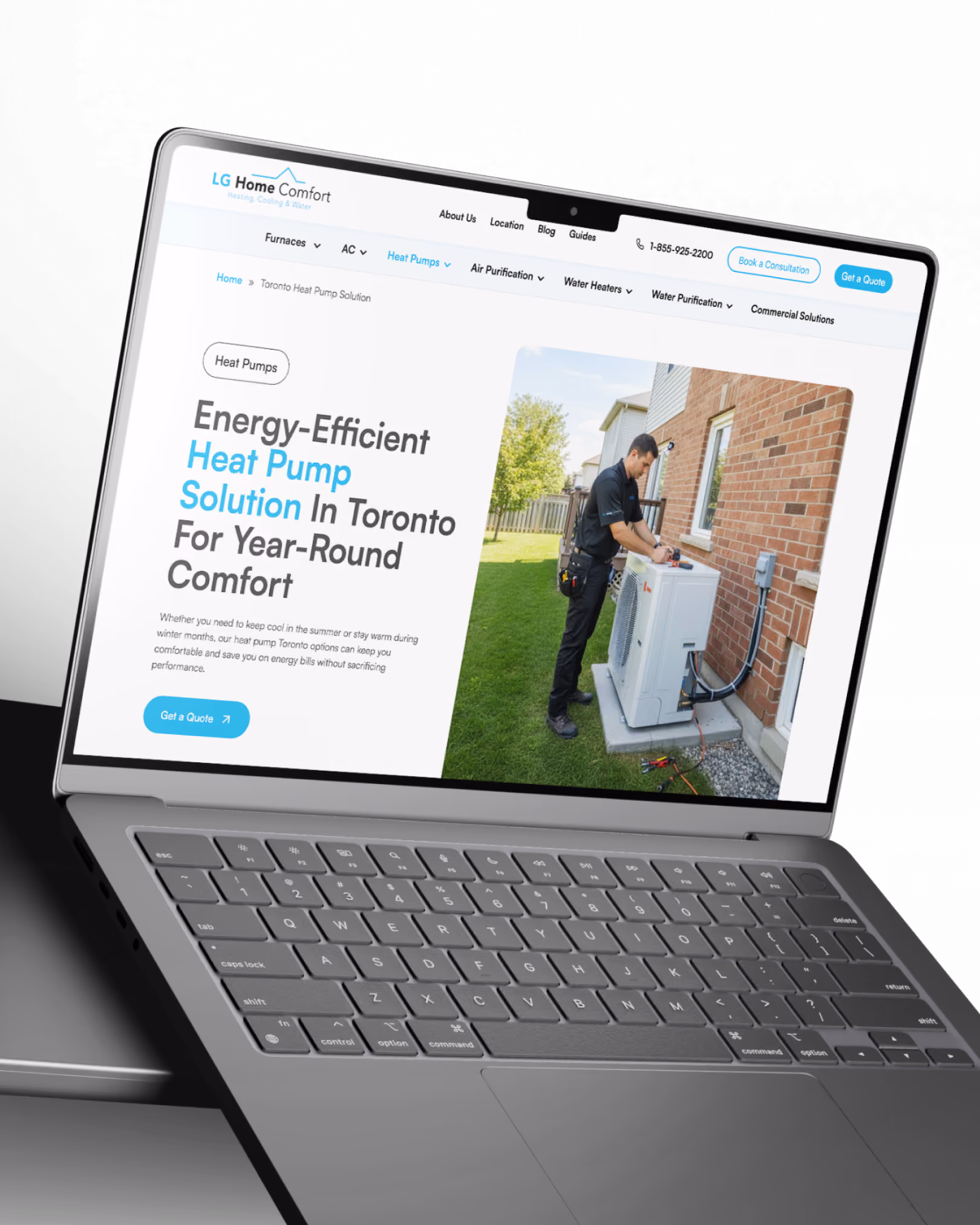 Laptop screen shows LG Home Comfort website offering energy-efficient heat pump solutions in Toronto.