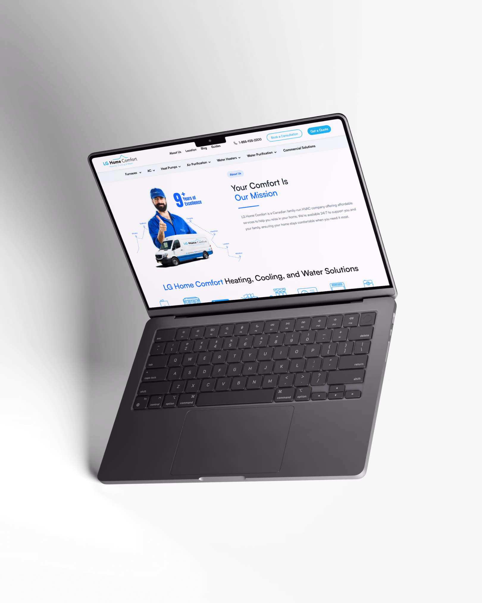 Laptop showing LG Home Comfort HVAC website with a technician and company van image on screen.
