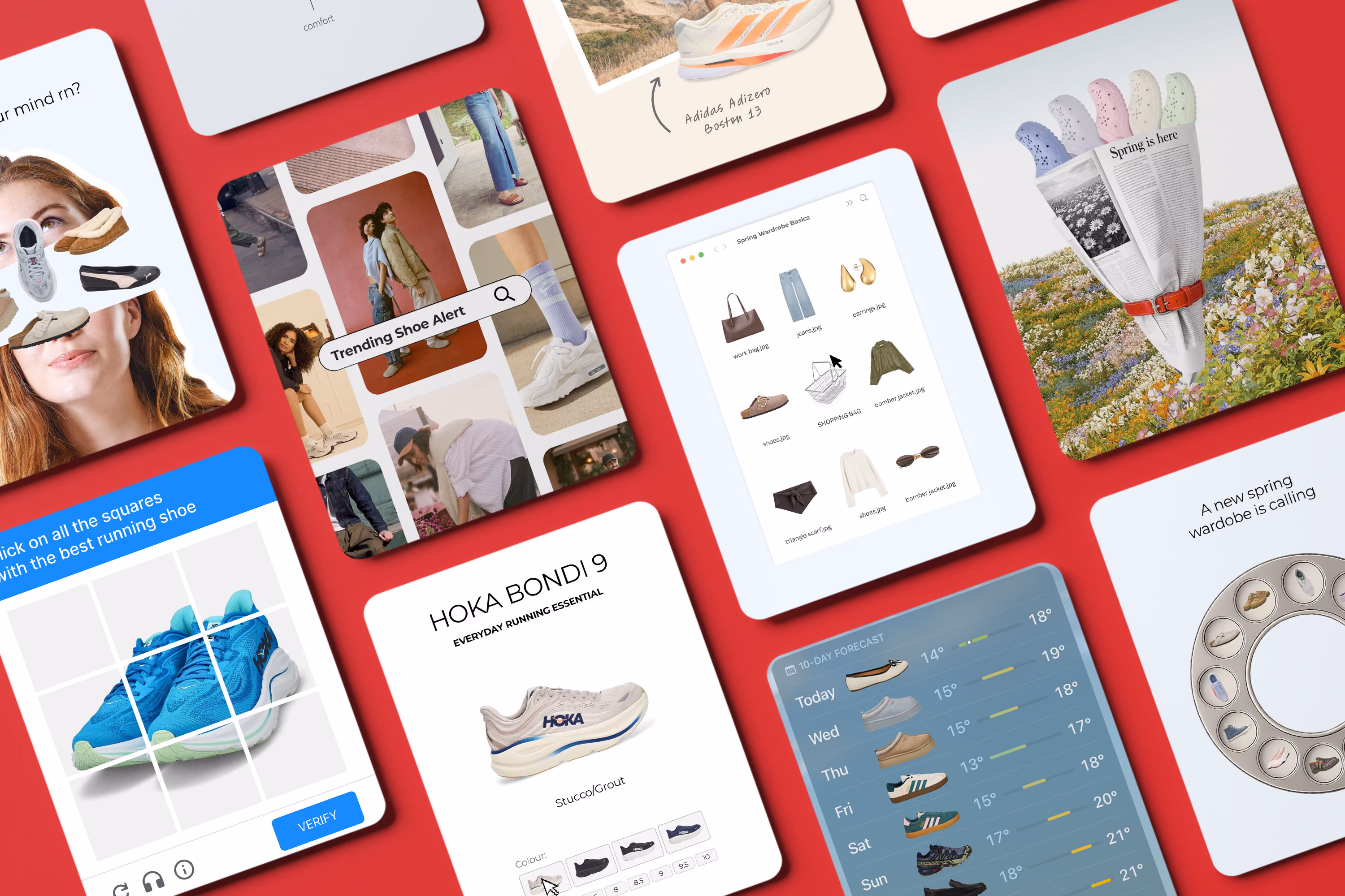 Collage of app screens showing shoes, weather forecast with shoe icons, and fashion items on a red background.